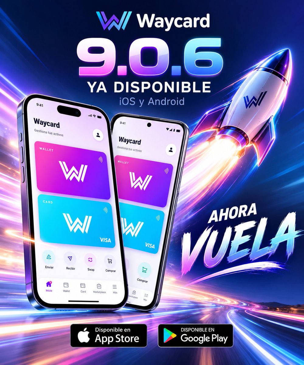 mollacox's tweet photo. Waycard ahora vuela. 🚀🚀

La nueva versión 9.0.6 ya está disponible en iOS y Android.

⚡ Más rápida
⚡ Más fluida
⚡ Más estable
⚡ Mejor respuesta en toda la app

Actualiza y pruébala.

#Waycard #Crypto #Fintech #iOS #Android https://t.co/9Q0be6TeQm
