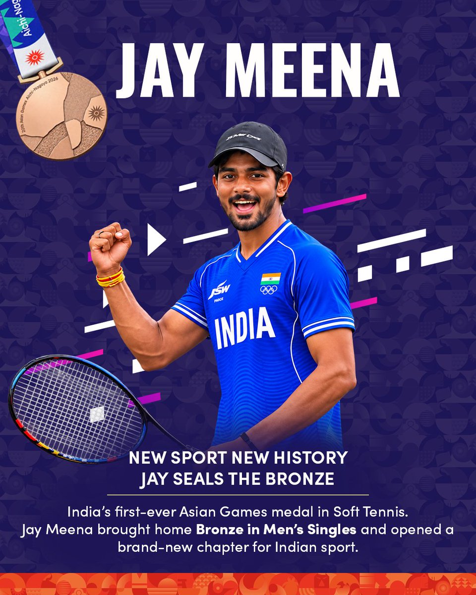 TribalAffairsIn's tweet photo. A brand-new chapter for Indian sport! 🇮🇳
Jay Meena stepped onto the Asian Games podium and made history with India’s first-ever Soft
Tennis medal. 🥉
What a moment. What a start for a new sporting frontier!
#BharatKiYuvaShakti #JJGD https://t.co/CmQgXoOmE4