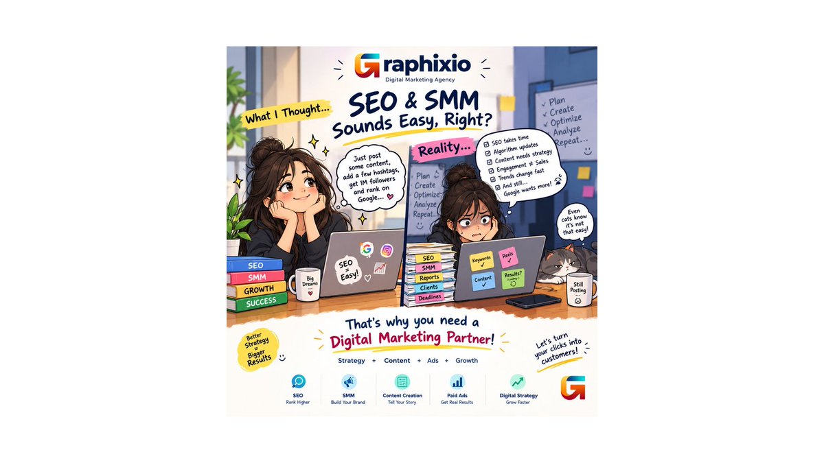 _Graphixio's tweet photo. SEO &amp; SMM: "Just post and rank on Google." 😅
Reality: algorithm updates, strategy, trends, and a cat who knows better. 🐱
That's why you need a digital marketing partner! 🚀
#SEO #SMM #DigitalMarketing #Graphixio https://t.co/uePWNRZPTK