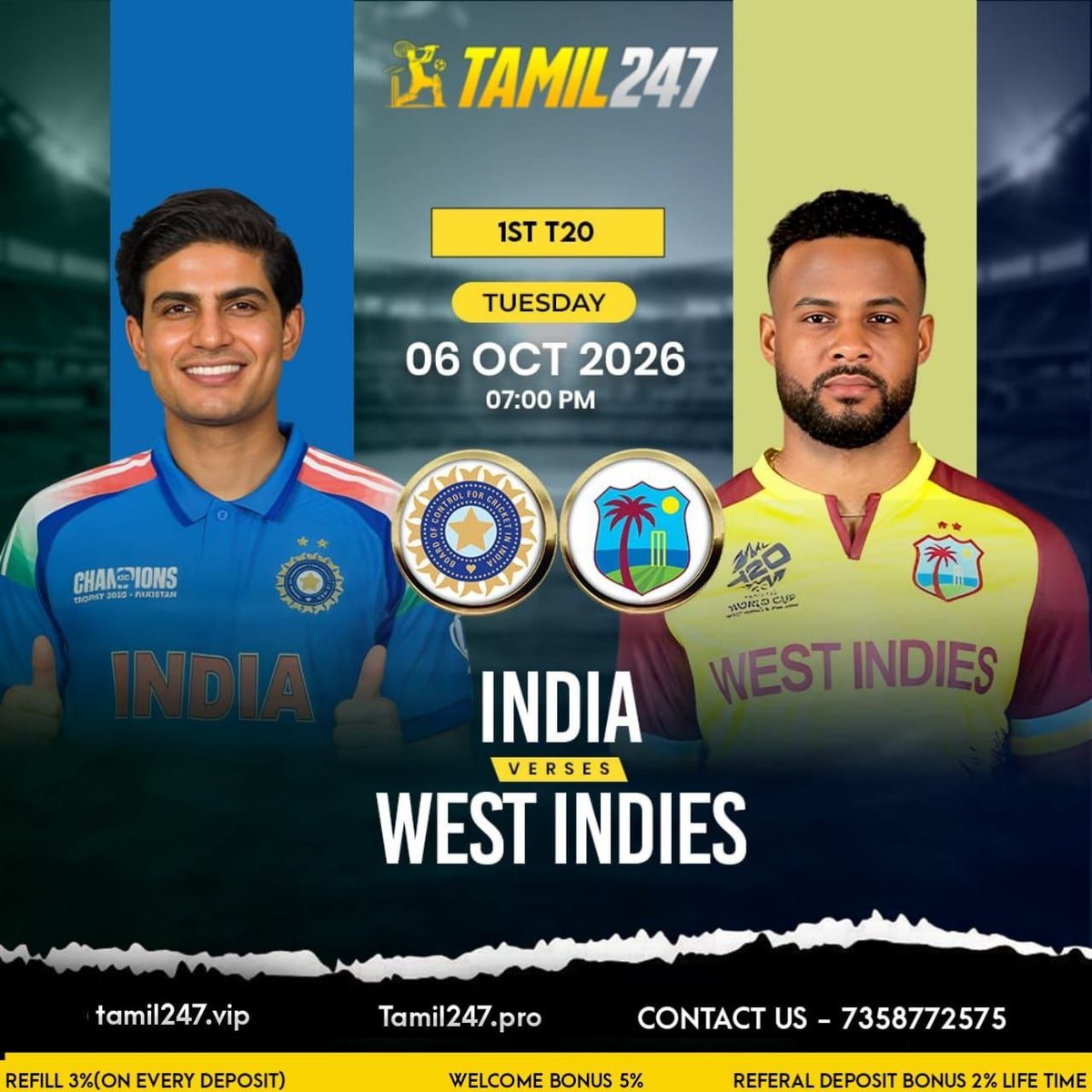 VIRATERA_18's tweet photo. India vs Westindies, 1st T20 7:00pm , 06 OCT 2026

Convert Your prediction into money at tamil247.

Choose Wisely :
https://t.co/U8ZWQZRTkd
https://t.co/FPaNLKOdFk

- 8% Bonus Available Today at every refill.
- 5% Weekly Lossback

Follow @Tamil247vip https://t.co/HMTMEyqlEL