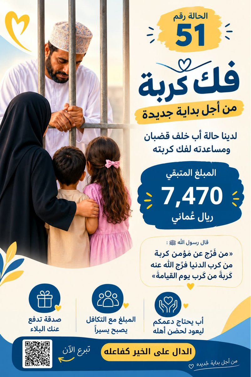 al_alree7's tweet photo. 🚨 فزعتكم يا أهل الخير.. الوقت ينفد!
لم يبقي إلا القليل…. فلا تجعلوا كربةً اوشكت على الانفراج تعود إلى الانتظار . 

أبٌ وربُّ أسرة ضاقت به سُبل الحياة بعد خسارة تجارته، وتراكمت عليه ديون وملفات تنفيذ قضائية تهدد استقرار عائلته.باقي القليل جداً وتُغلق الحالة ويكتمل المبلغ المتبقي ليعود الأمان لهذه الأسرة. 

ساهم بما تستطيع فقد يكون عطاؤك البسيط هو آخر خطوة نحو الفرج . وخروج الأب من الحبس …، أو إعادة نشركم للمنشور، قد يغير حالهم الآن!

🔗 رابط التبرع الرسمي (منصة جود): https://t.co/q3PXAqb5SK