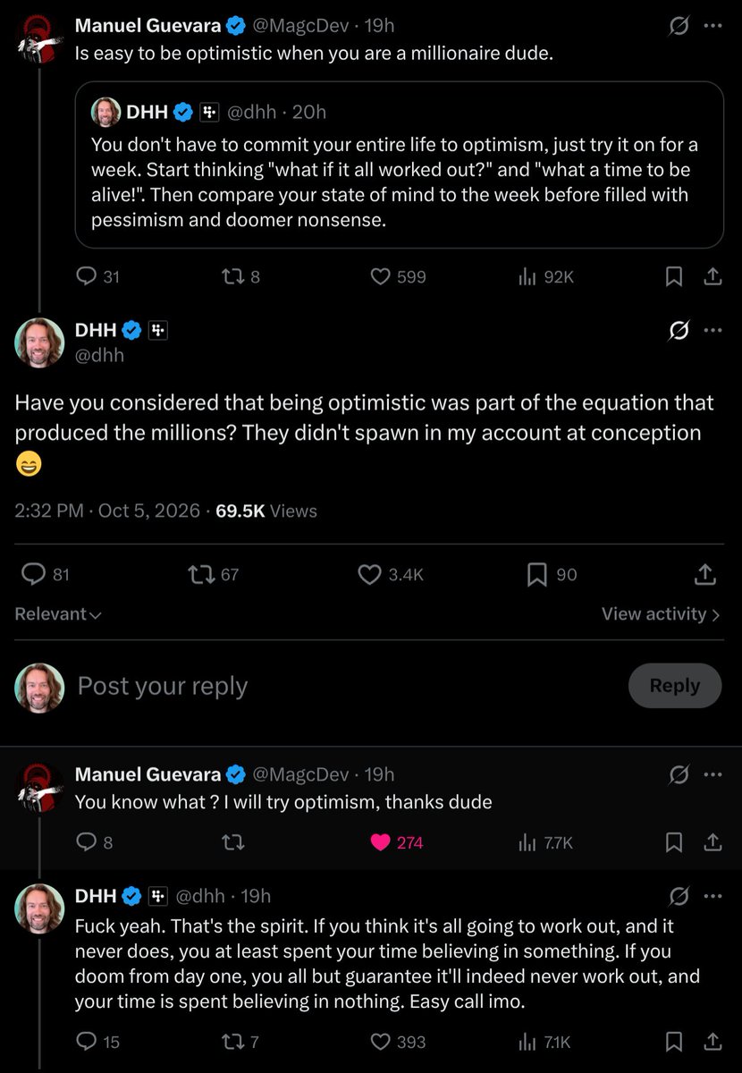 dhh's tweet photo. Don't tell me arguing online never moves a position. How very wholesome! https://t.co/Y8Wwgbi31S