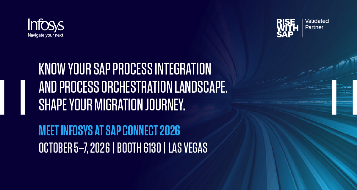InfosysEvents's tweet photo. Successful SAP integration modernization starts with better decisions before migration begins.

As organizations transition from SAP PI/PO to #SAPIntegrationSuite, understanding business-critical integrations, uncovering dependencies, and planning the right migration path can be key to a successful outcome.

Discover how an Infosys-developed assessment tool helps organizations gain greater visibility into integration landscapes, business and process criticality, dependency-aware migration planning, and delivery readiness. https://t.co/YJcdjtddWH

Meet Infosys at #SAPConnect2026. https://t.co/jKiAR1N0wh

Booth 6130 | Las Vegas
October 5-7, 2026

#InfySAPServices #SAPConnectLasVegas #SAPBTP #SAPMigration #EnterpriseIntegration #SAPTransformation #EnterpriseAI