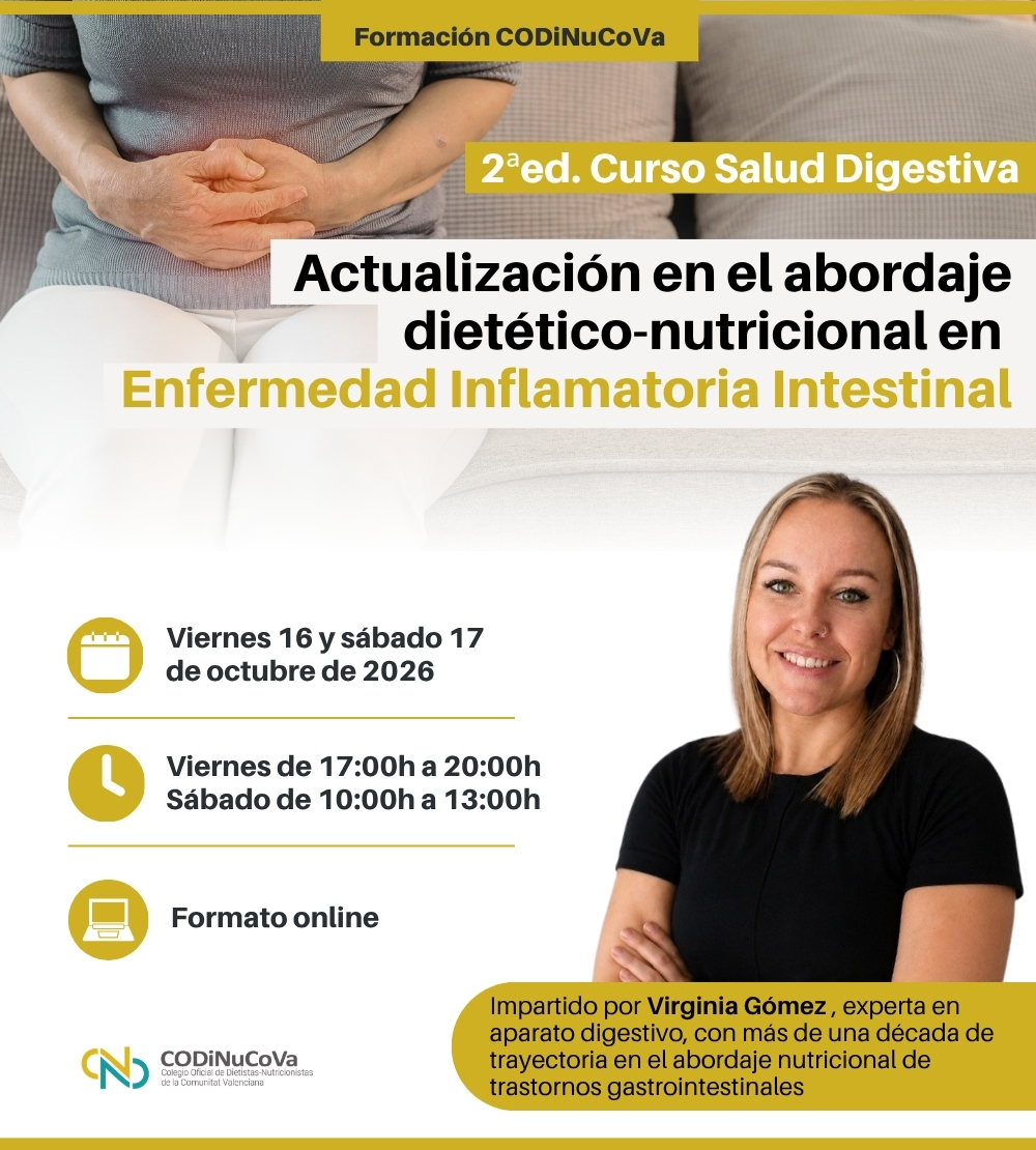DN_Andalucia's tweet photo. 🟢 Curso 'Actualización en el abordaje dietético-nutricional en EII', organizado por el @codinucova: 16 y 17 de octubre (online). 40% de descuento para colegiados de CODINAN ➡️ https://t.co/kXGxYVDlVp https://t.co/f98GA4R5XU