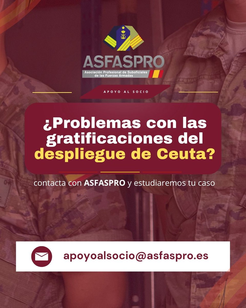 ASFASPRO's tweet photo. Queremos conocer las posibles incidencias que estén afectando al personal. Si es tu caso, ponte en contacto con nosotros para que podamos estudiar la situación y ofrecerte apoyo.

🔴https://t.co/0sydE8pkG6
📩apoyoalsocio@asfaspro.es

#FuerzasArmadas #Ceuta #Militares #Defensa https://t.co/RAlRArAxrH
