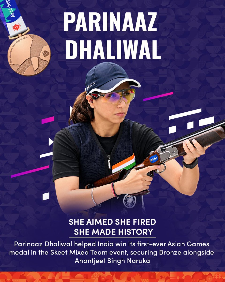 TribalAffairsIn's tweet photo. One target. One historic hit. 💫
Parinaaz Dhaliwal has her name in the history books after helping India secure its first Skeet
Mixed Team medal at the Asian Games.
The aim was sharp. The moment was massive.
#BharatKiYuvaShakti #JJGD https://t.co/x05CgKQQKs