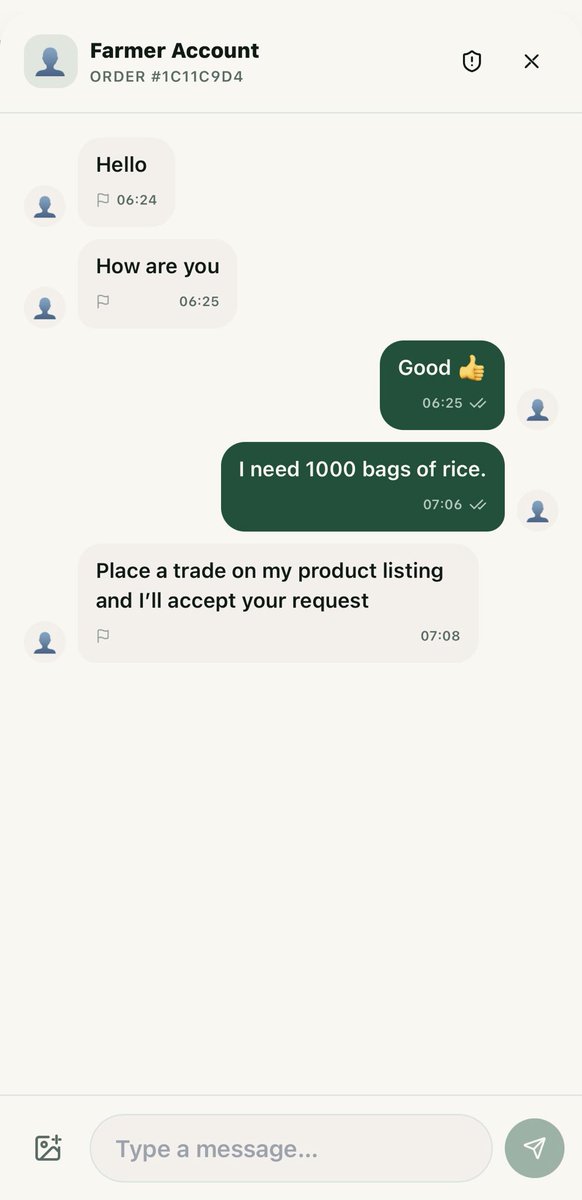 EnzoraGroup's tweet photo. AgroChain chat  features 💬 
     📍Single mark: delivered ✔️ 
     📍Double mark: seen ✅ 
     📍Send product images in chat ☑️ 
     📍Users can report spam and block           users that  look suspicious. https://t.co/v61kjr2Js4
