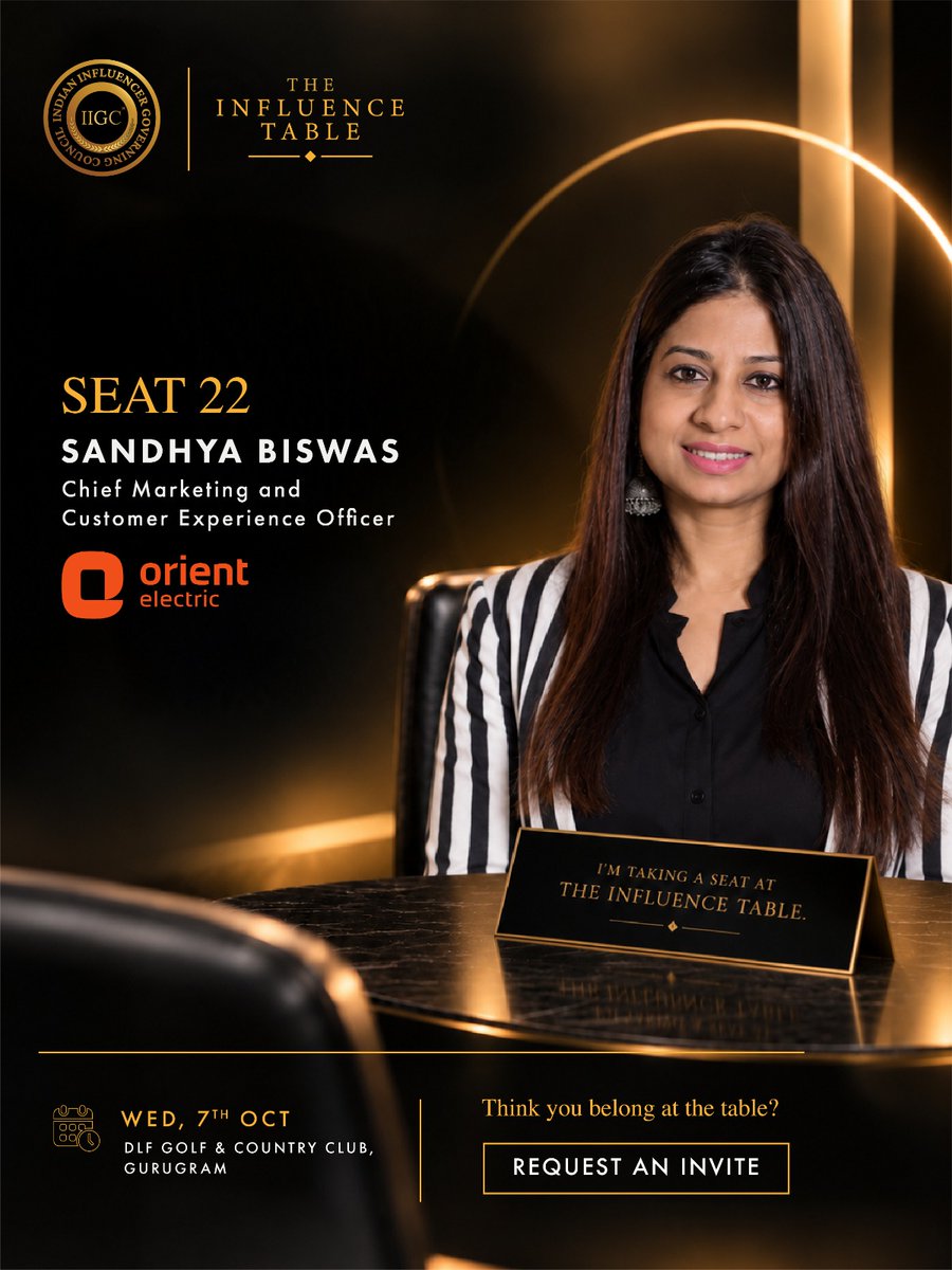 IIGC_official's tweet photo. SEAT 22 | SANDHYA BISWAS — @orient_electric
She brings the perspective of building relevance in a functional, high-consideration category.
We’re bringing that perspective to the table.
#IIGC #TheInfluenceTable #BrandBuilding #InfluencerMarketing https://t.co/zyIe1kJQ3o