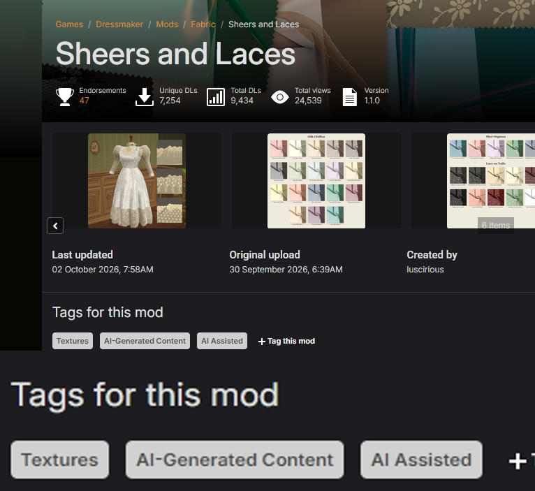 hajima_7's tweet photo. #dressmaker 
so anyway, i will be uninstalling this shit ( i swear it didn't have those tags at first😒)
HOWEVER, i have now seen a few other sheer fabric mods, that don't use ai at all (no vibe coding or anything, from what theyre saying in discord)
i will put the 🔗 ⬇️ https://t.co/SxwxLnfGBk