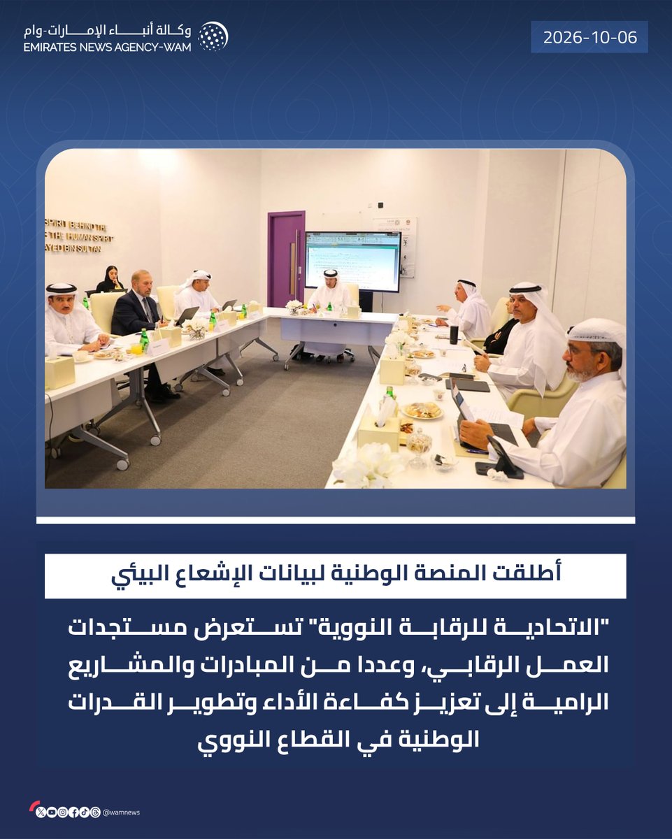 wamnews's tweet photo. "الاتحادية للرقابة النووية" تستعرض مستجدات العمل الرقابي، وإطلاق منصة وطنية لبيانات الإشعاع البيئي الأولى من نوعها في الدولة

#وام 

https://t.co/IWJQv6OZ1g https://t.co/hnLP6GmgPY