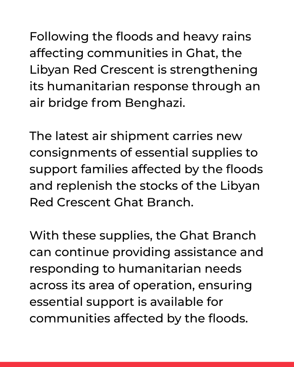 IFRC_MENA's tweet photo. An air bridge from Benghazi is bringing essential supplies to Ghat to support families affected by the floods and heavy rains.

The new supplies will replenish the stocks of the @LibyaRC Ghat Branch and help teams continue delivering assistance to affected communities and responding to their humanitarian needs.