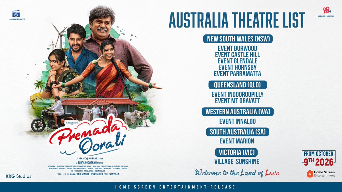 homescreenent's tweet photo. Australia, get ready for a heartwarming tale of love &amp; family! 💫❤️

#PremadaOorali arrives October 9! 🎥🌿

#RangayanaRaghu
#ShreeRaam
#ManojKumar
#ThapaswiniPoonacha
@Devendramamatha
#VanillaEntertainments
@PremadaOorali https://t.co/ZzCFUBfPQM