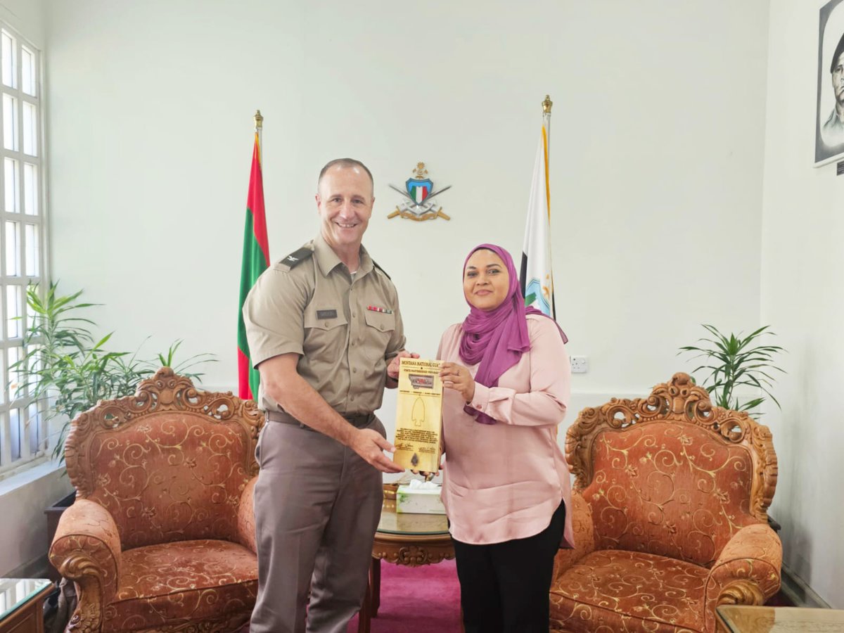 MoDmv's tweet photo. Minister of State for Defence and National Service, Aishath Safoora met with Brigadier General Trent Gibson, Adjutant General of the Montana National Guard. 

At the meeting, discussions were focused on strengthening Maldives–US cooperation in disaster management and emergency response, expanding opportunities for joint training and capacity building, and enhancing community preparedness and resilience through collaborative initiatives.
