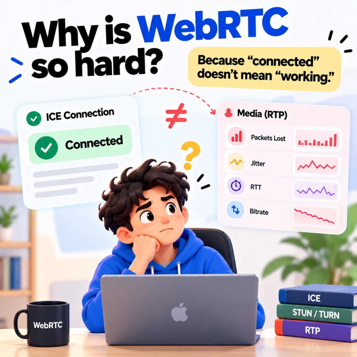 rittlyofficial's tweet photo. Why is WebRTC so hard?

Because “connected” doesn’t mean “working.”

ICE can succeed while RTP is still losing packets.

#WebRTC https://t.co/WI1rQ7GLOT
