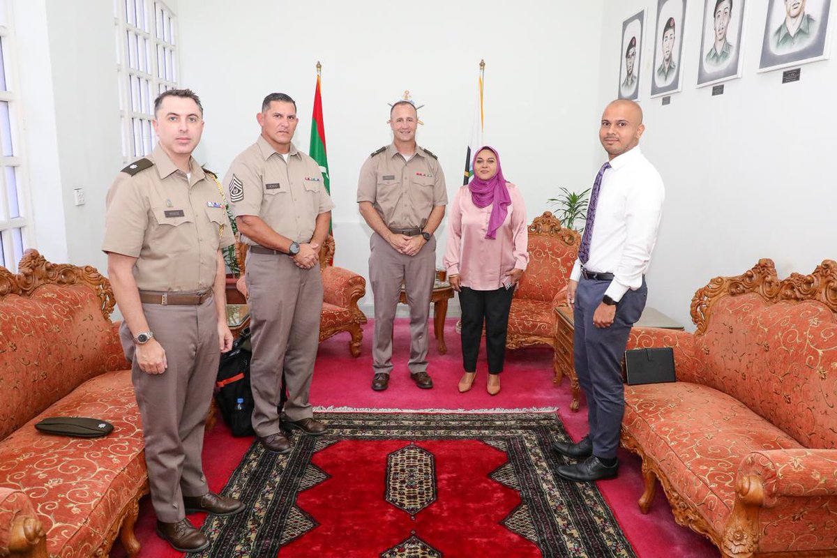 MoDmv's tweet photo. Minister of State for Defence and National Service, Aishath Safoora met with Brigadier General Trent Gibson, Adjutant General of the Montana National Guard. 

At the meeting, discussions were focused on strengthening Maldives–US cooperation in disaster management and emergency response, expanding opportunities for joint training and capacity building, and enhancing community preparedness and resilience through collaborative initiatives.