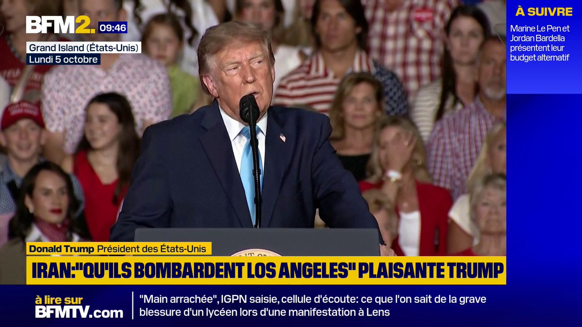 A BFM2 news broadcast at 09:46 shows Donald Trump speaking at a rally in Grand Island, United States, on Monday, October 5th, with the chyron reading "IRAN: 'QU'ILS BOMBARDENT LOS ANGELES' PLAISANTE TRUMP," referencing his joke that Iran could "go ahead and bombard Los Angeles."