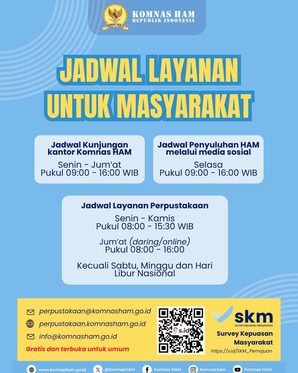 KomnasHAM's tweet photo. Komnas HAM RI berkomitmen beri layanan publik inklusif & transparan seperti๐ข Kunjungan Kantor ๐ฑ Penyuluhan Medsos ๐ Perpustakaan. Cek info untuk jadwal & alurnya! ๐
Oya! bantu tingkatkan layanan kami dgn isi Survei Kepuasan Masyarakat (SKM) via QR code di atas #KomnasHAM https://t.co/lWdmjqq18z