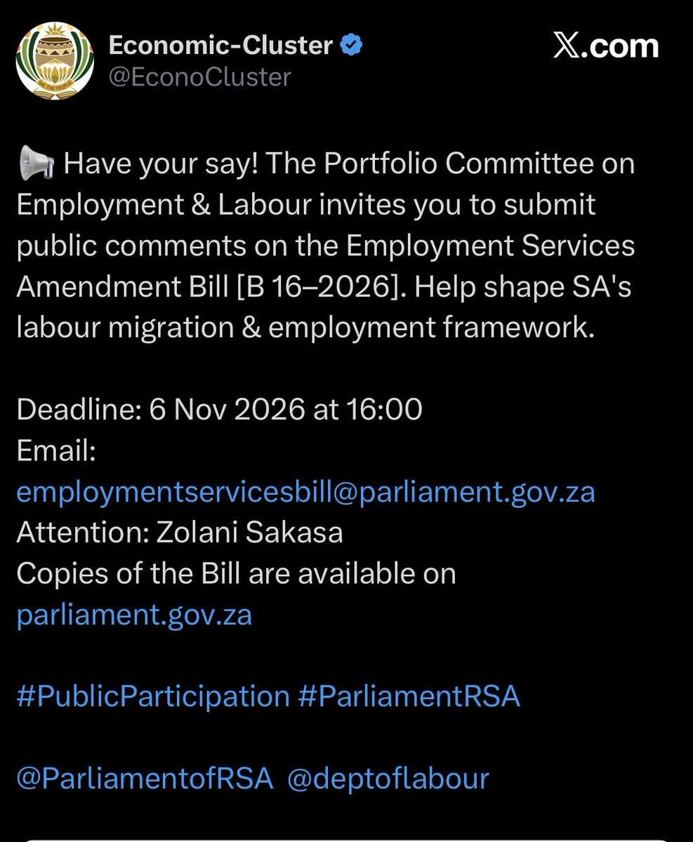 Pam_News's tweet photo. @deptoflabour This is the email to send comments to apparently: 
employmentservicesbill@parliament.gov.za https://t.co/BWliGficjZ