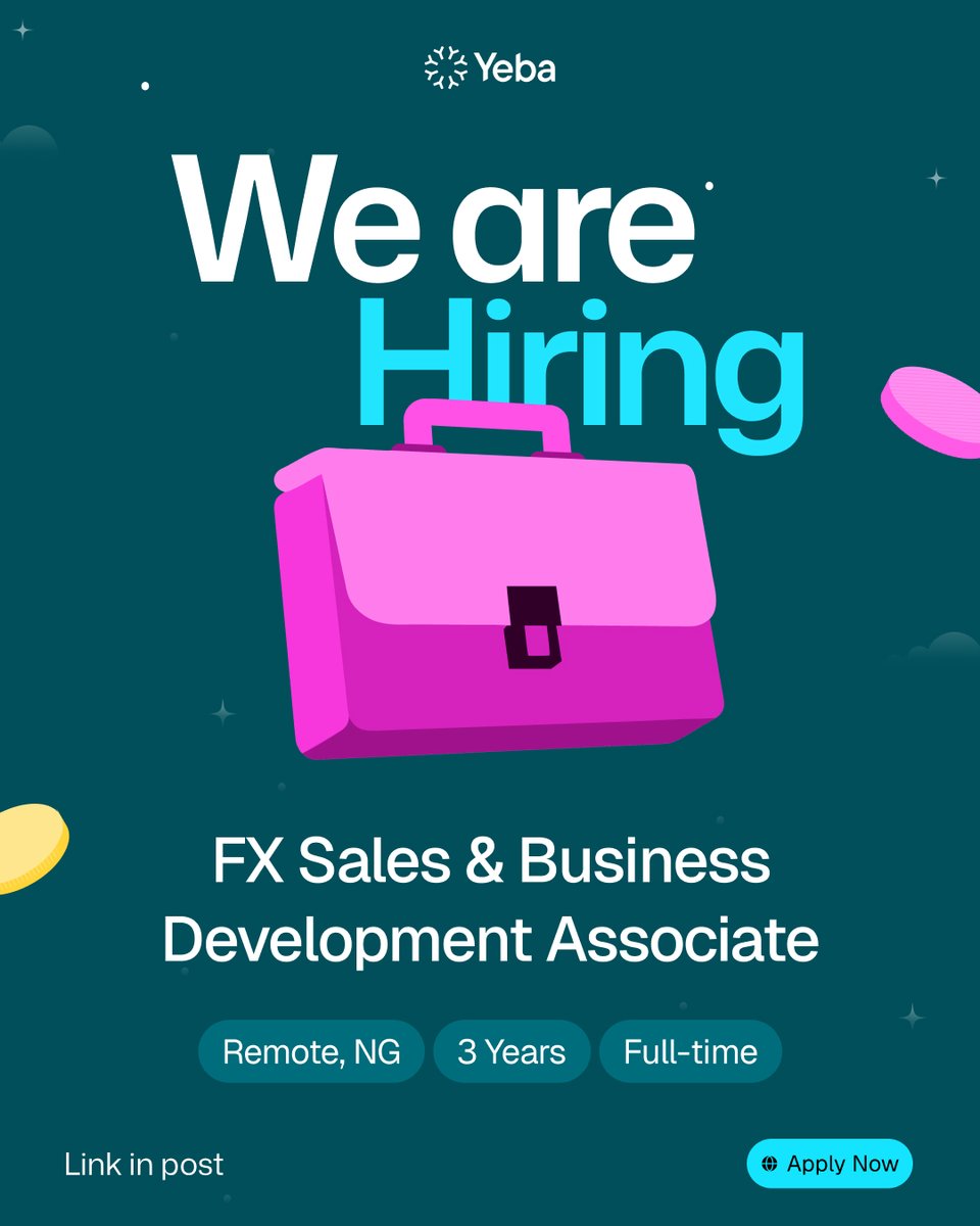 yebatech's tweet photo. Who calls you when their business needs to move money across borders?

If your answer includes founders, CFOs, and treasury leads who trust you to get transactions done, we have a seat for you.

We are hiring for the position of an FX Sales Associate who will acquire businesses with recurring cross-border FX needs, get them transacting, and grow their volume over time.

Interested? Click the link to apply now: https://t.co/gHXM7XZQ9i

If you know someone who fits, share this post with them.
