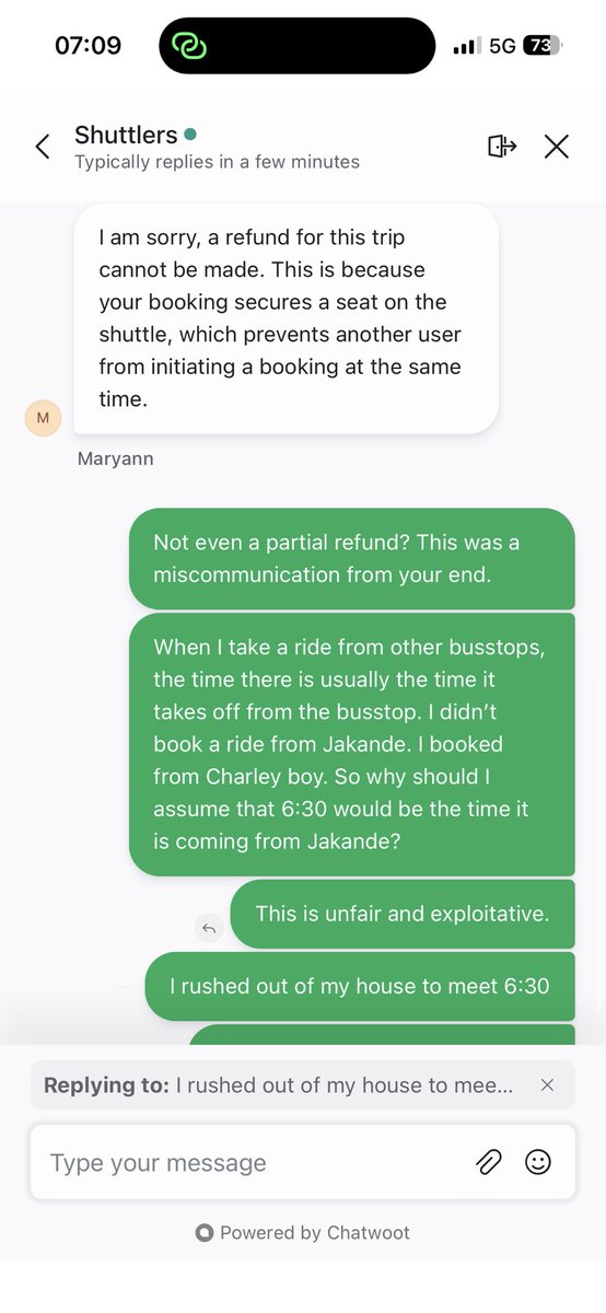_blackaroni_'s tweet photo. @Shuttlersng I won’t let you guys do this to me or other customers. You can’t misrepresent a 6:30am pickup time, fail to meet it, and then make me bear the cost of your failure. I paid for a service you didn’t deliver as communicated, yet you refuse to refund me. This is unfair. https://t.co/q3Mhi2Uzx7