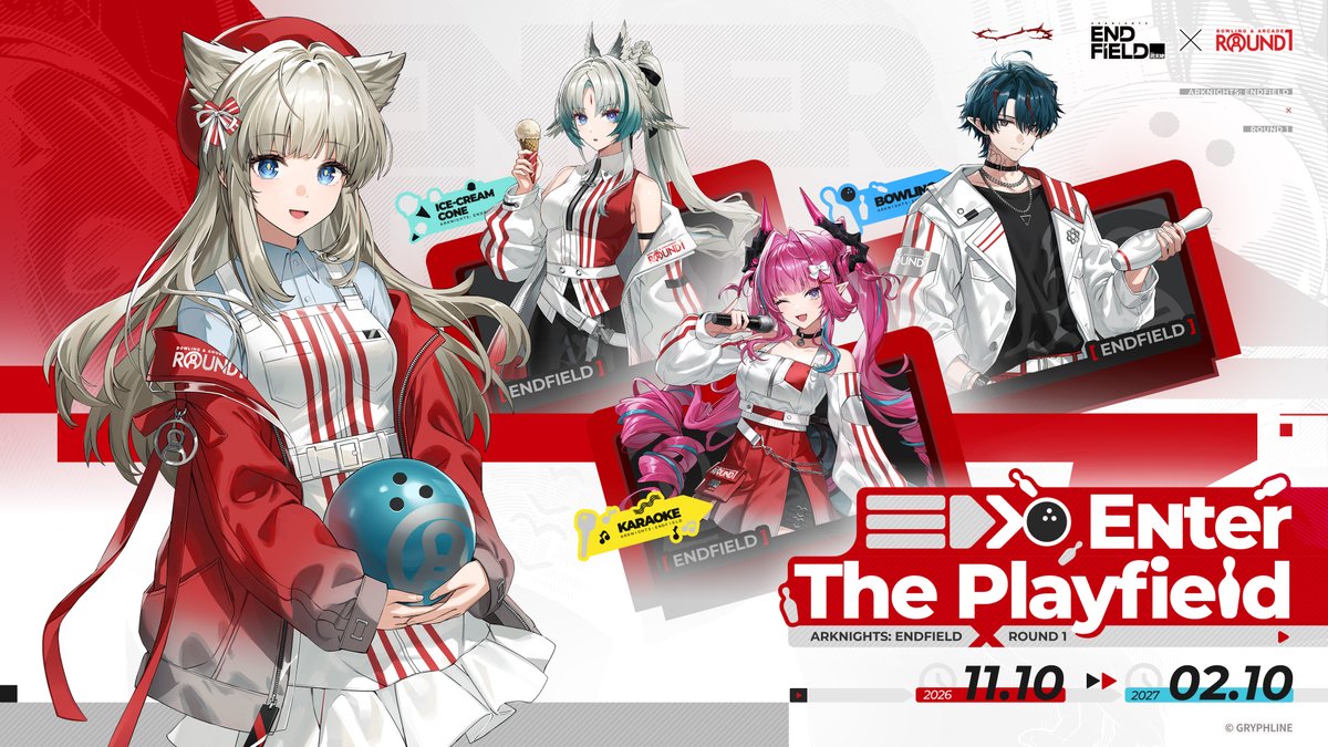 AKEndfield's tweet photo. Arknights: Endfield × Round1 USA Collaboration
November 10, 2026 >> February 10, 2027
A new mission is about to begin at Round1, 
Endministrators! Get ready for exclusive collaboration experiences, special rewards, and more surprises.
Stay tuned for the full collaboration details!

#ArknightsEndfield #Endfield