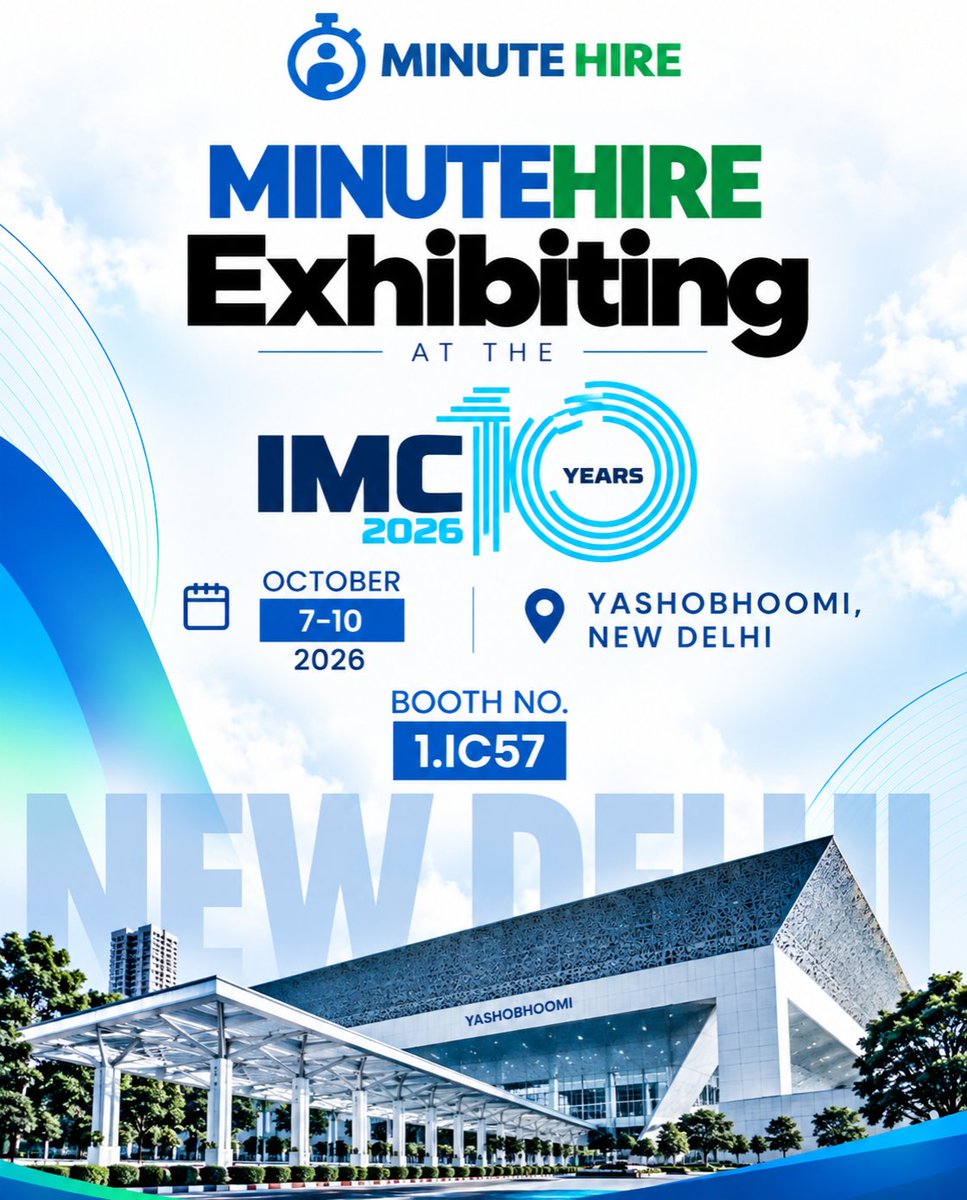 MinuteHire's tweet photo. Delhi, we’re ready! 🇮🇳 Catch MinuteHire at IMC 2026 as we exhibit at the 10th anniversary of India's biggest tech showcase.
Stop by Booth 1.IC57 to see how we're transforming recruitment. Let's connect! 🤝
📍 Yashobhoomi, New Delhi
🗓️ Oct 7-10
#IMC2026 #MinuteHire #TechStartup https://t.co/LsvSoqMUxm