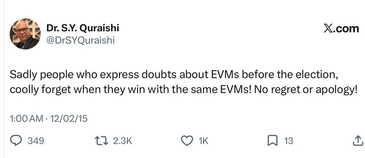 TheRubric_Medic's tweet photo. Former CEC Quraishi sir forgot to delete his 2015 post/tweet https://t.co/paGrzEL87f