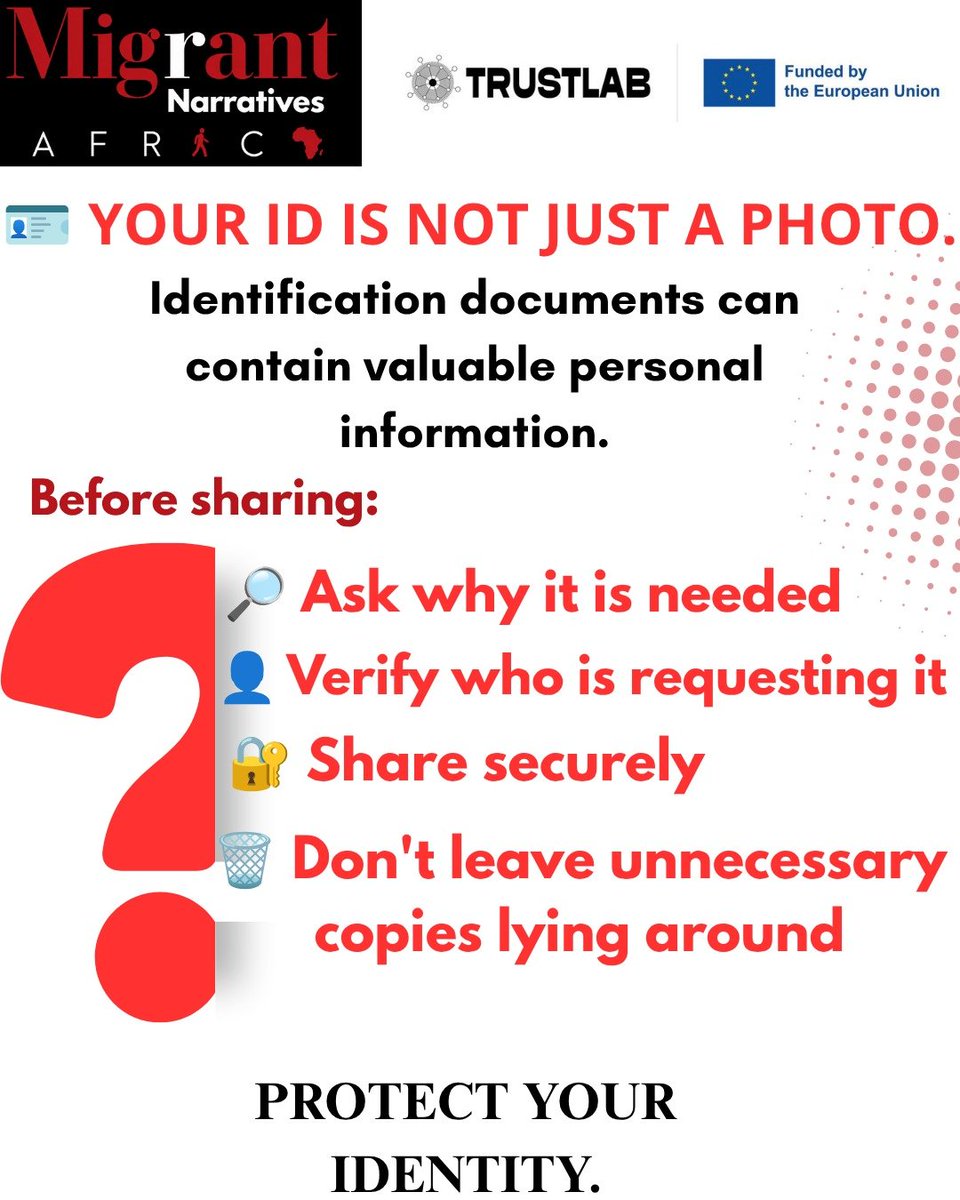 MnarrativesA's tweet photo. Your identity documents deserve the same protection as your personal safety.
Think before you share .Store them securely.
Protect your privacy.
#DataPrivacy #PrivacyMatters #IdentitySecurity #TrustLabProject #MigrantNarrativesAfrica https://t.co/P8DAlCxn5v