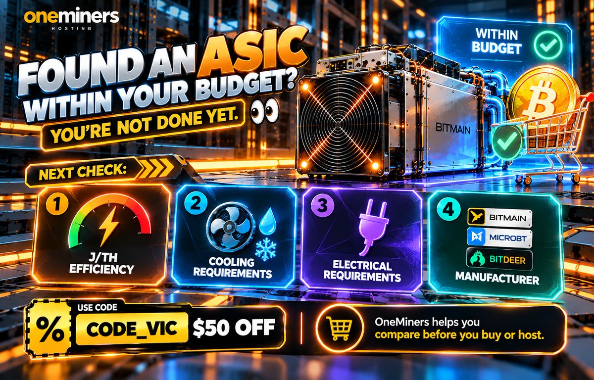 blaise_vautrin's tweet photo. Found an ASIC within your budget? You’re not done yet. 👀

Next check:
⚡ J/TH efficiency
💧 Cooling requirements
🔌 Electrical requirements
🏷️ Manufacturer

OneMiners helps you compare before you buy or host.

🎟️ CODE_VIC — $50 off
#ASICMining #OneMiners #Bitcoin https://t.co/PeJscSo3oz