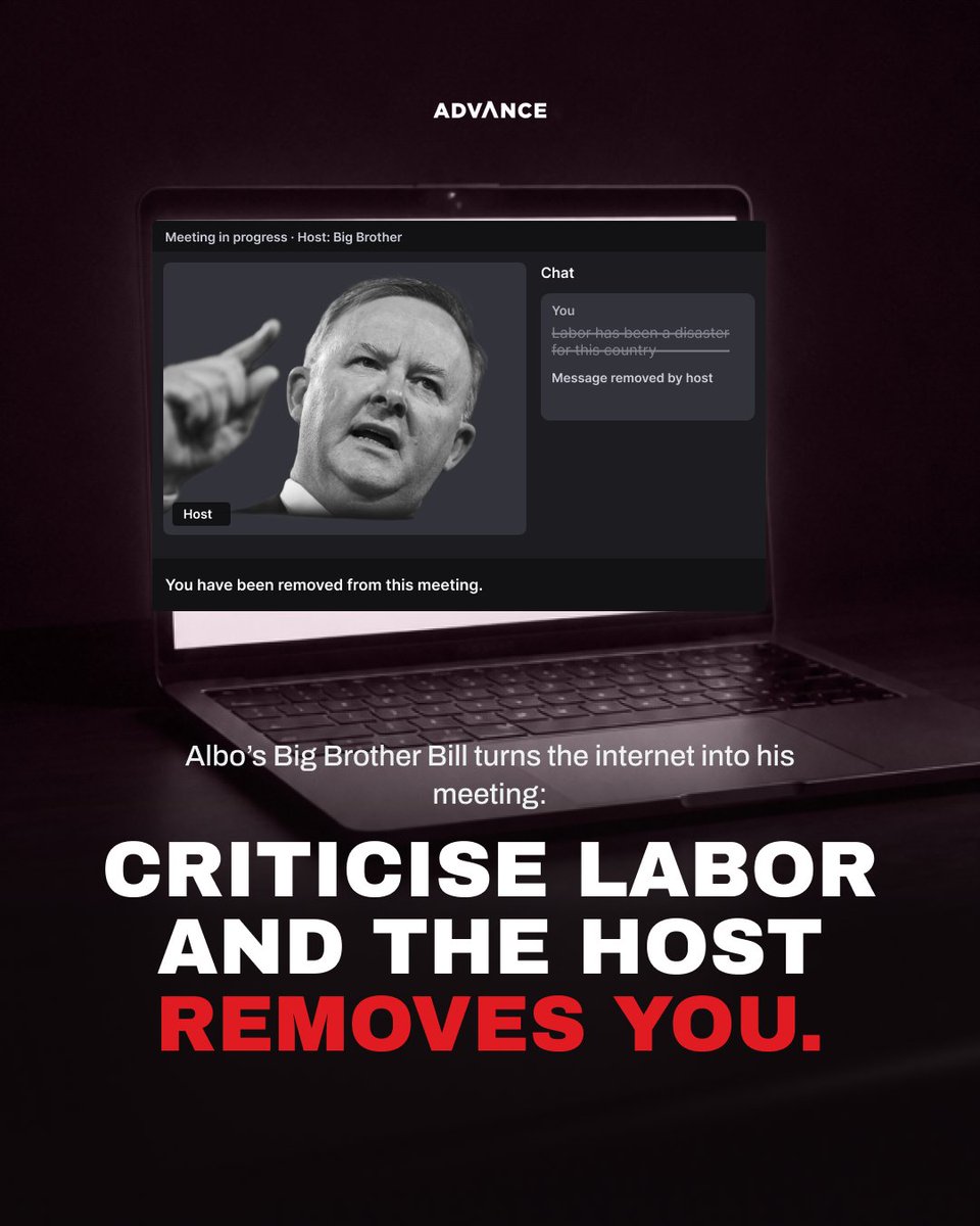 FairAusADV's tweet photo. Albo’s Big Brother Bill turns the internet into his meeting. Criticise Labor in the chat and the host removes you. https://t.co/UyFP6Jbblm