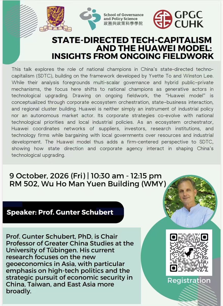 jvzhan1's tweet photo. The GPGC Program @CUHKGPGC is excited to host two upcoming guest lectures. Colleagues, students, and friends in town are welcome to register through the QR code. https://t.co/3qLiRlirne