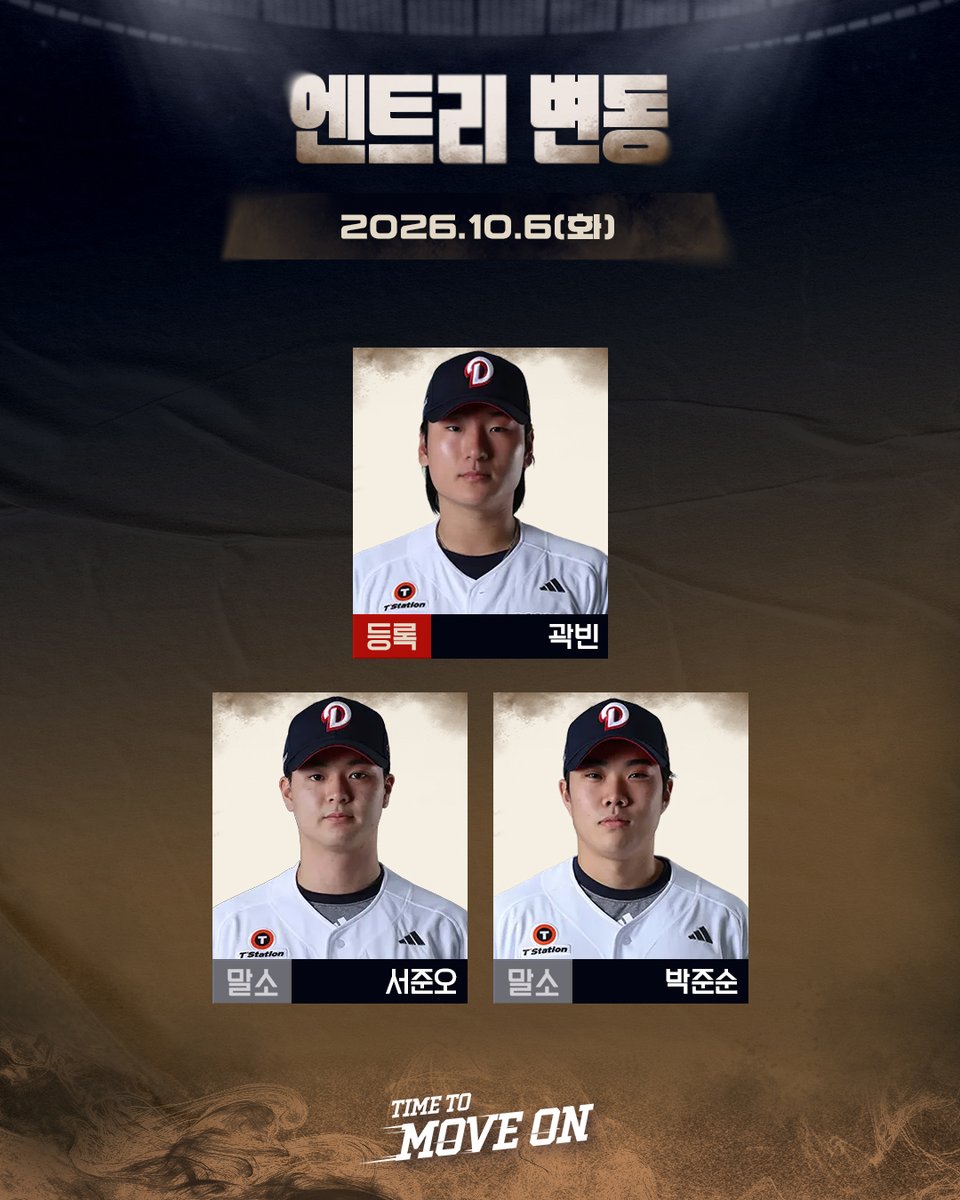 doosanbears1982's tweet photo. [엔트리 등록/말소]

10월 6일(화) vs 롯데 @사직

· 등록: 곽빈
· 말소: 서준오, 박준순

#두산베어스 #doosanbears 
#KBO리그 #정규시즌 #등록말소 https://t.co/m8ao85Jo5j