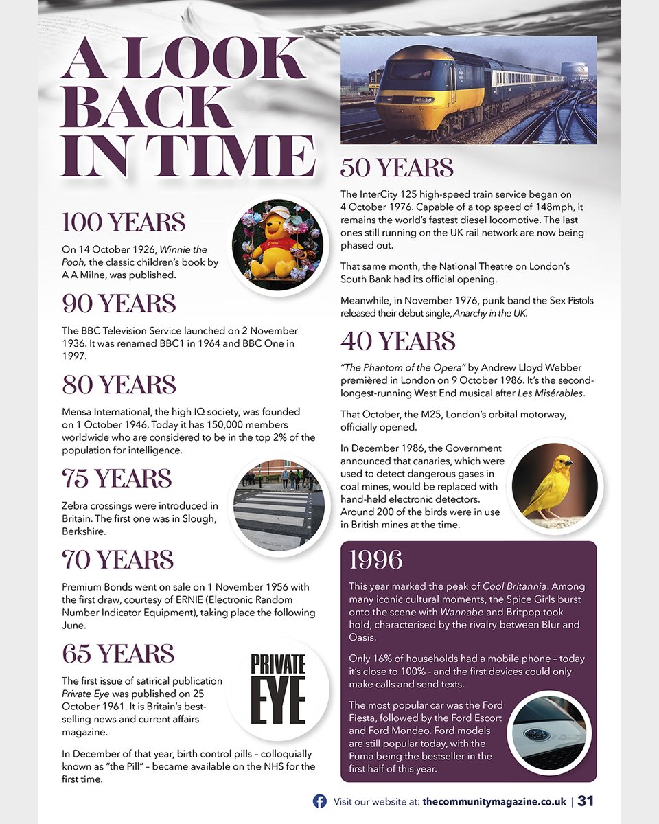 CommunityMagNMC's tweet photo. A Look Back in Time: From Winnie the Pooh and zebra crossings to high-speed trains, West End musicals and the height of Cool Britannia, October brings plenty of anniversaries worth remembering. Full story, and for the rest of our eBook, CLICK HERE: https://t.co/ssOuvNdlsG https://t.co/WtKJklMrUI