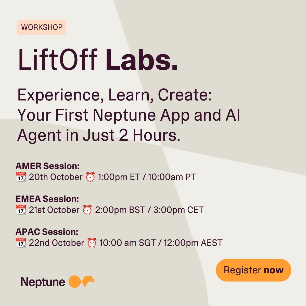 NeptSoft's tweet photo. Everyone's talking about agentic AI, but who here can say they have actually built an agent? 🤔

At Neptune Lift Off Labs, you'll spend two hours building:
🔹 Your first Neptune app
🔹 An AI agent powered by Naia, Neptune's AI assistant

Register here 👉 https://t.co/tVQxu8H2US https://t.co/2AN2qznWMg