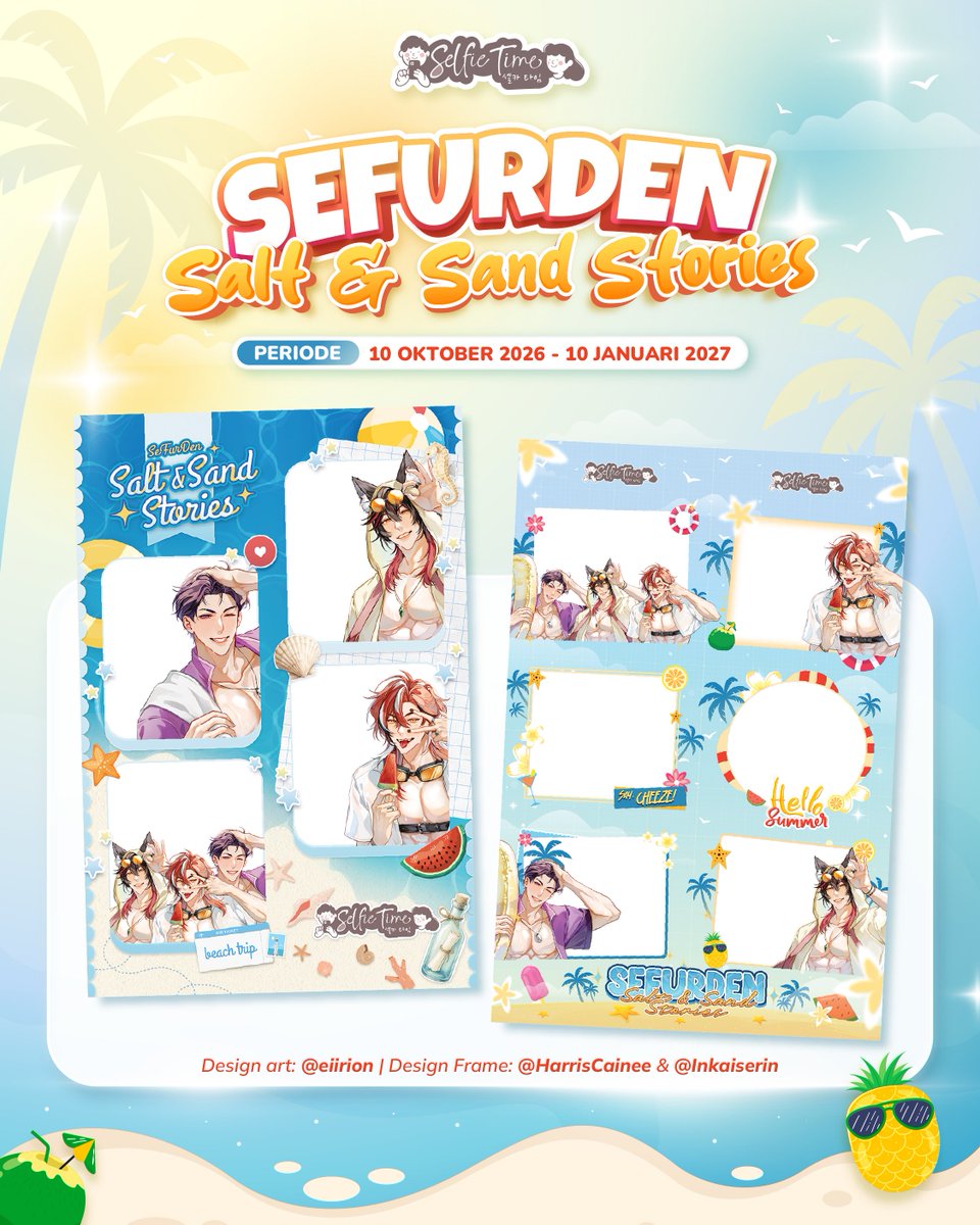 selfietimeid's tweet photo. The wait is finally over!~ 🏖️✨

🌴 Selfie Time x SeFurDen: Salt & Sand Stories is Here! 🌴

Frame Selfie Time x SeFurDen: Salt & Sand Stories akan tersedia di seluruh store Selfie Time! 🏖️

Periode 📅: 10 Oktober 2026 - 10 Januari 2027

Kamu bisa mendapatkan framenya dengan melakukan transaksi langsung melalui Tab Order di store Selfie Time pilihanmu 

See you soon, Terongers, Customers, and Cainmates! 💜🧡❤️

#SelfieTimeID #SelfieTimexSeFurDen