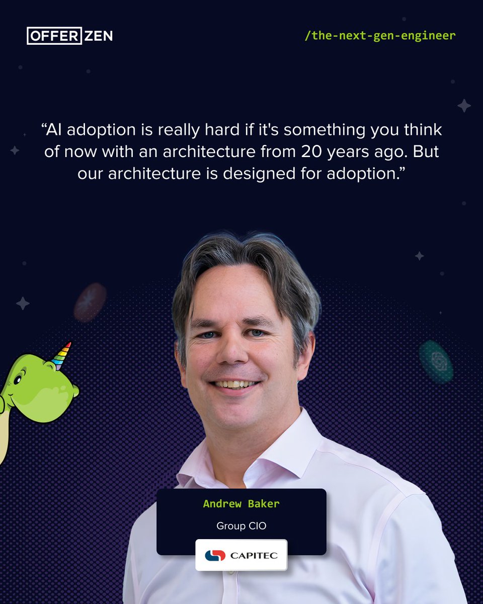 OfferZen's tweet photo. We caught up with Andrew Baker, Group CIO at Capitec, about what adopting AI really looks like inside a bank.  Here are a few takeaways.

🏗️ AI adoption starts with the architecture. Andrew believes the key question is not what AI can do, but what happens when it gets something wrong.

🚧 Boundaries make experimentation possible. At Capitec, having the right guardrails lets teams try new things without risking production systems.

🧠 AI amplifies strengths and gaps. One developer used AI to rewrite Capitec’s internet banking platform in roughly three months. But getting it production-ready still took a team with complementary skills, because AI amplified their gaps as much as their strengths. 

👥 Two responsibilities for engineering leaders. Create an environment where people can experiment and learn safely, and bring different perspectives into the work early enough to catch what one person might miss.

Check out the full conversation with Andrew about AI, architecture, and engineering leadership here: https://t.co/OMLJgjlmWM