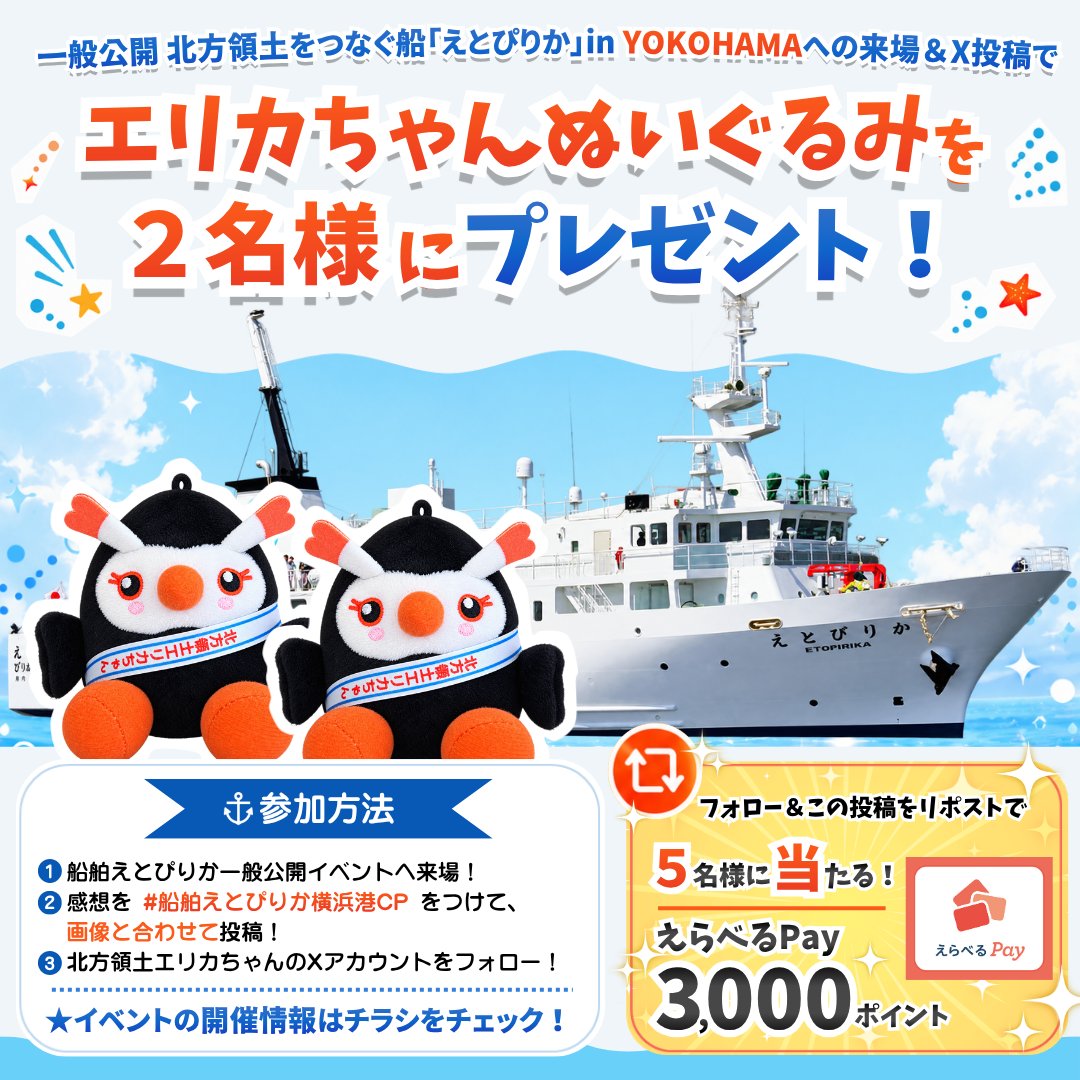 hoppou_erika's tweet photo. ＼リポストでえらべるPayが当たるッピ！🎁／

10月11日(日)、12日(月・祝)に、【一般公開 北方領土をつなぐ船「えとぴりか」in YOKOHAMA】を開催！
イベントに合わせて、Xでもキャンペーンを実施するッピ♪

@hoppou_erika をフォロー＆この投稿をリポストしてくれた方の中から、
抽選で5名様に✨えらべるPay 3,000ポイント✨をプレゼント！

さらに、一般公開イベントでは
来場＆X投稿でエリカちゃんぬいぐるみが当たるキャンペーンも開催するッピ！

イベントの開催情報は2枚目のチラシをチェックしてピィ♪
みんなの参加を待ってるッピ！