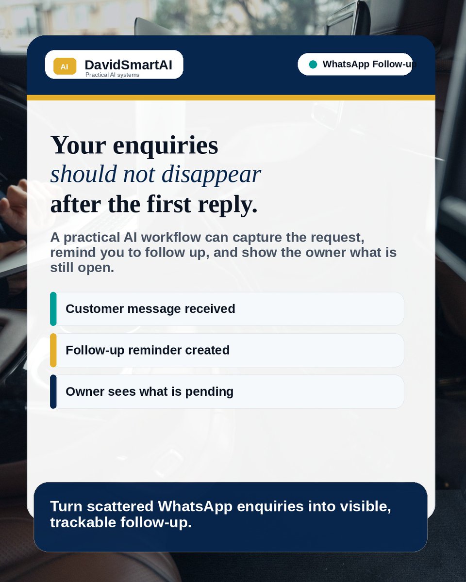 davidsmartai's tweet photo. Your WhatsApp enquiries should not disappear after “I’ll get back to you.”

A simple AI workflow can capture the request, remind you to follow up, and show the owner what is still open.

#AIForBusiness #NigeriaBusiness https://t.co/zP6c177se2