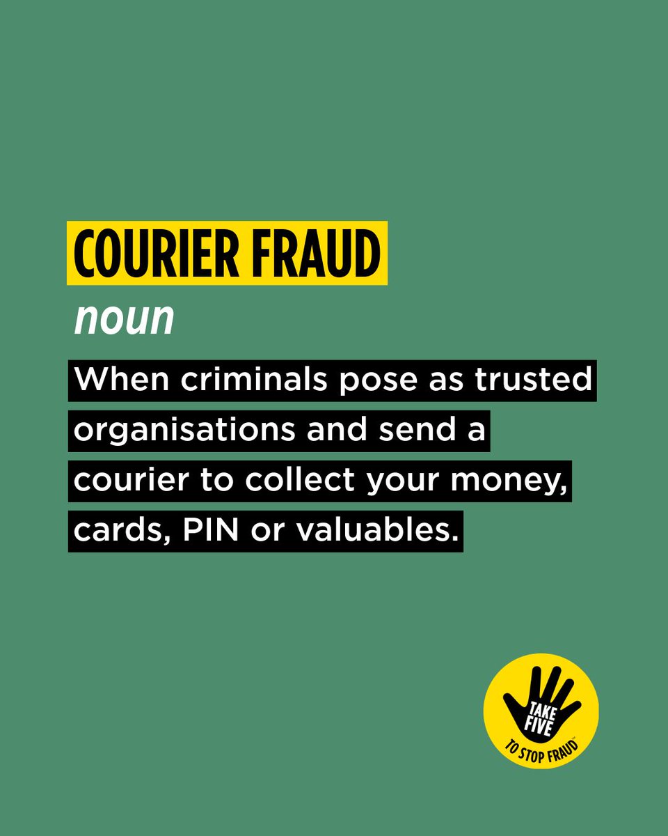 TakeFive's tweet photo. Courier scams are when criminals pretend to be from a trusted organisation and send a courier to collect your money, cards, PIN or valuables. 

If you receive an unexpected phone call from someone claiming to be your bank, hang up and Take Five.

Find out more and learn how to protect yourself: https://t.co/Ucn5lDpYa5

#TakeFive #StopChallengeProtect #CourierScam