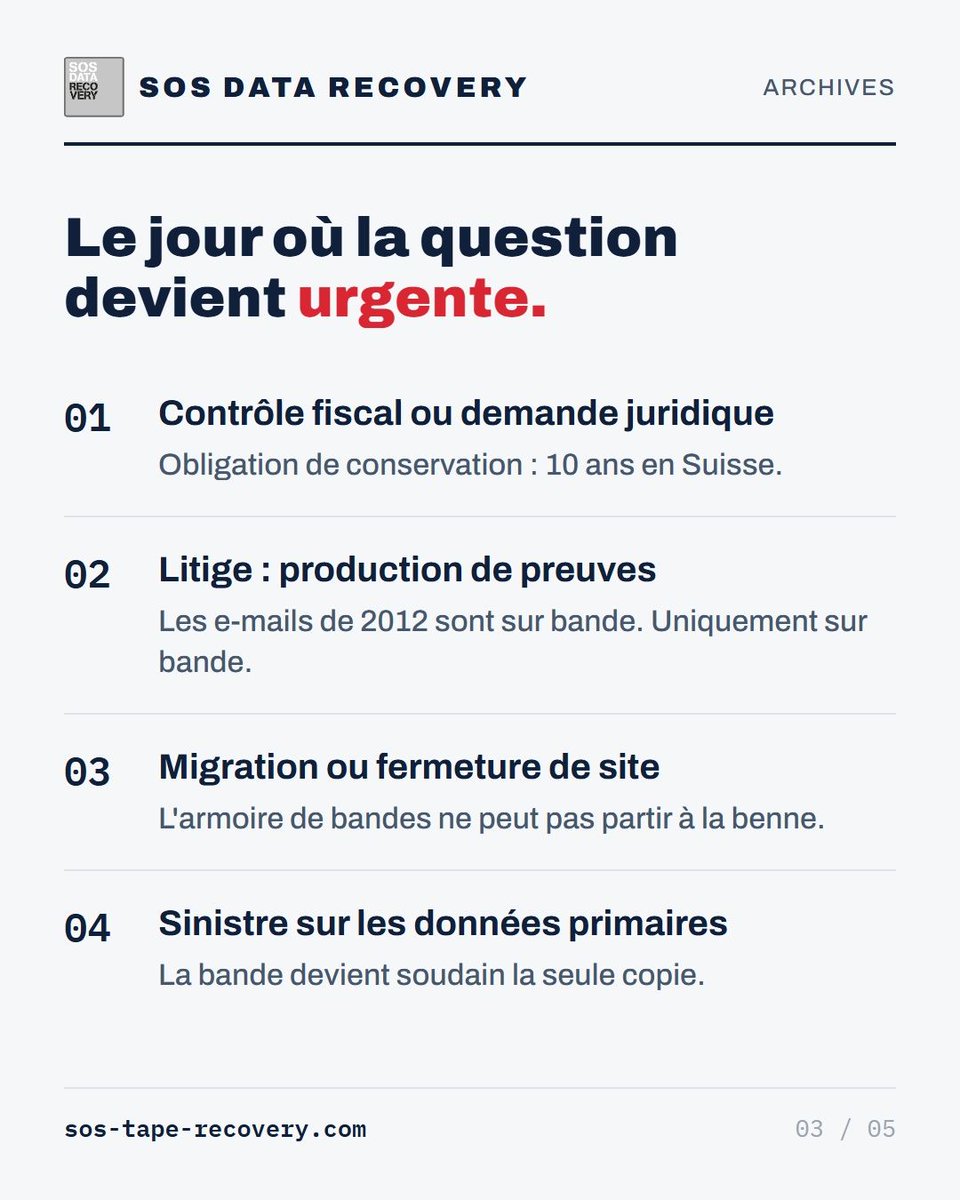 datarecovery_ch's tweet photo. Vos archives de 2005 dorment sur des bandes LTO. Qui peut encore les relire ? Le lecteur n'existe plus, le logiciel a disparu. Notre labo lit LTO, DAT, DLT, AIT — sans le logiciel d'origine. Commencez par une bande témoin.
→ https://t.co/WXUGxyf5wo

#LTO #Archivage https://t.co/YNdUbQrn0l