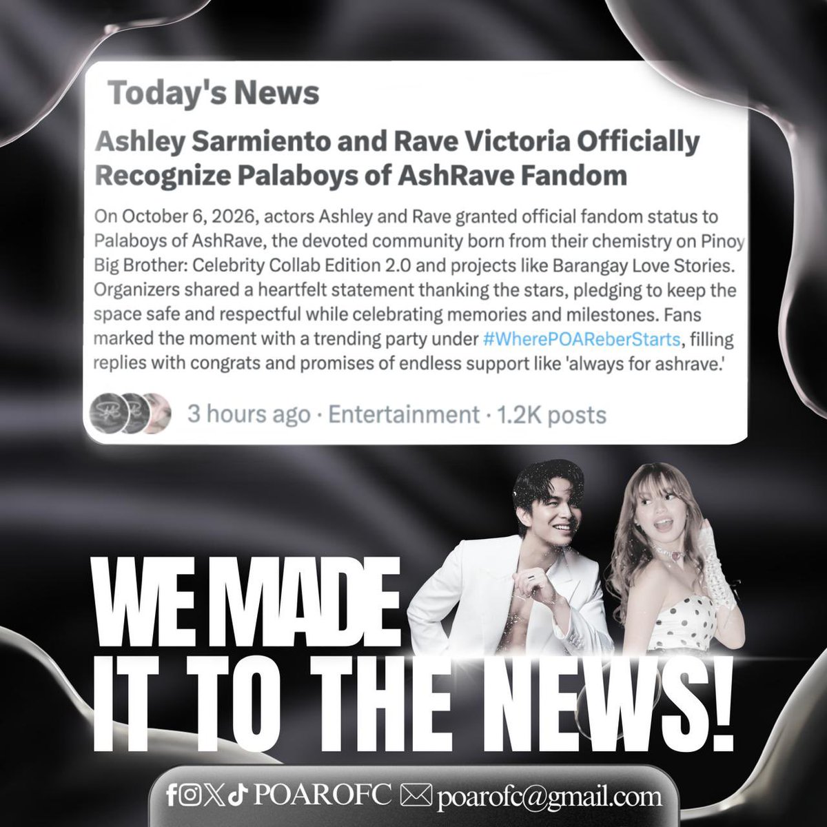 poarofctrends's tweet photo. 𝐅𝐑𝐎𝐌 𝐓𝐇𝐄 𝐓𝐈𝐌𝐄𝐋𝐈𝐍𝐄 𝐓𝐎 𝐓𝐇𝐄 𝐍𝐄𝐖𝐒! 🖤

We trended, we celebrated, and now Palaboys of AshRave has officially made it to the news!✨

PALABOYS OF ASHRAVE OFFICIAL
#WherePOAReberStarts https://t.co/2S5DarkCyE