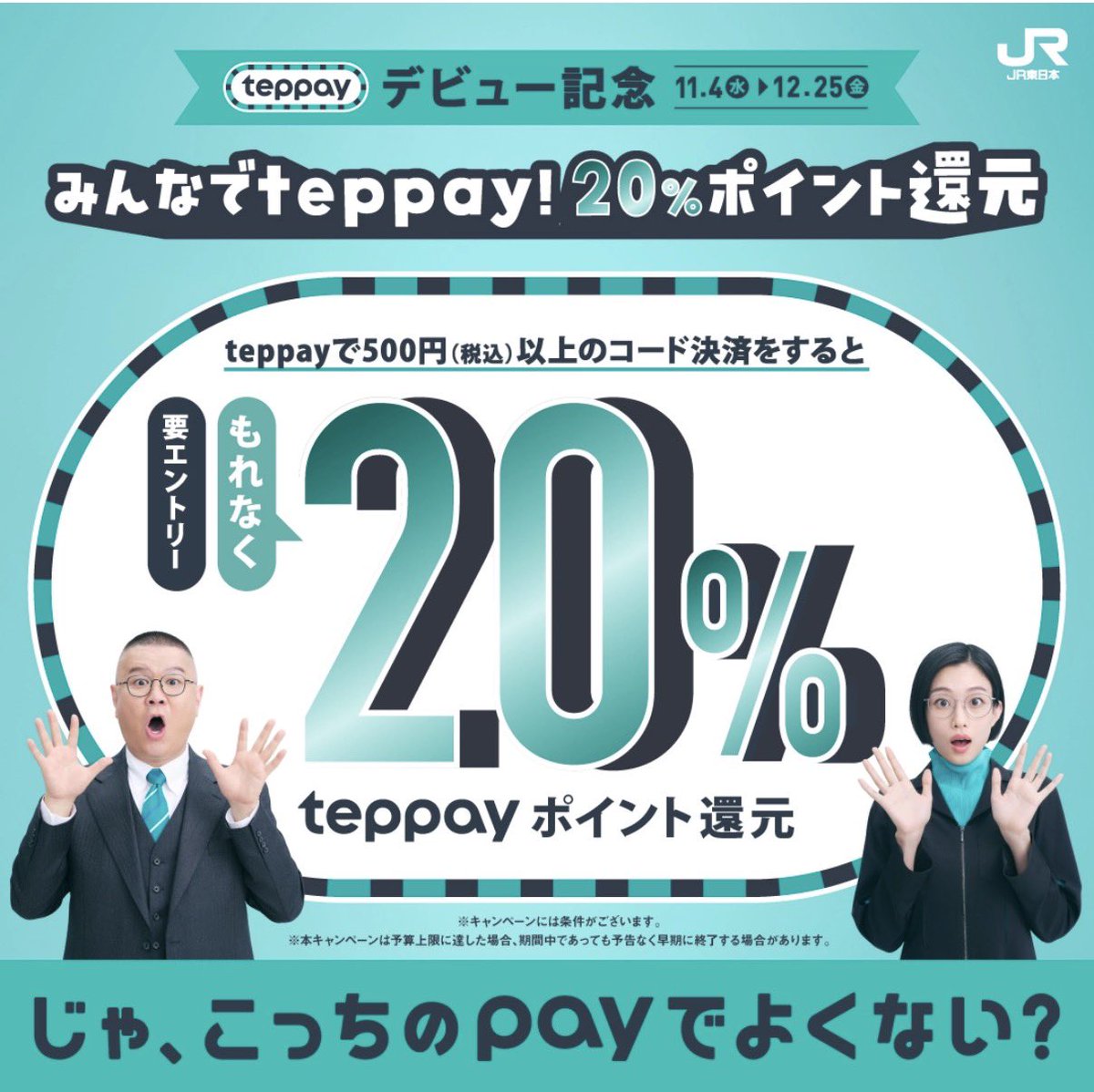 Shinpoi_OTOKU's tweet photo. こういうキャンペーンを待ってたんよ😭🙌

JR東日本の新決済「teppay」デビュー記念で20%ポイント還元来るぞ～🔥🔥🔥

✅期間 11/4(水)～12/25(金)
✅条件 500円（税込）以上をteppayでコード決済※エントリー必須1️⃣参考に
対象店舗👇
https://t.co/1jMIyt8DAd
✅還元上限 5000㌽(利用上限25000円)

僕はOKストアで20%還元で全て使います😭🙌還元上限高く、夫婦で使えば5万円1万還元で期間も長くスーパーで使えるこれは歓喜ですぞ😭😭😭😭🙌🙌🙌

詳細👇
https://t.co/lb1A9UIetT