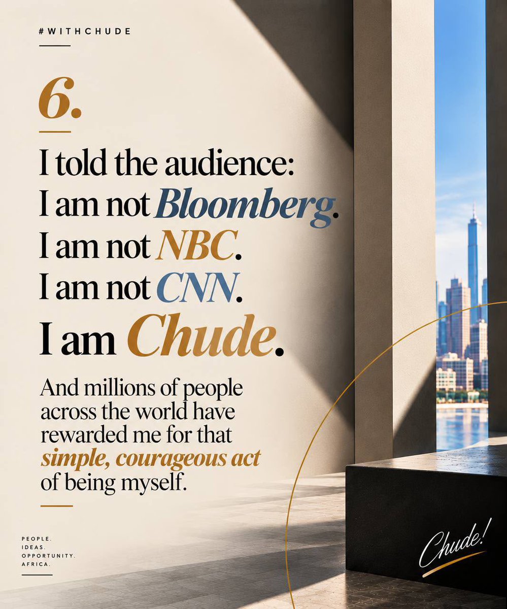 Chude's tweet photo. I went on stage at Bloomberg and chose to be fully human—emotional, vulnerable, warm and honest. The response reminded me that authenticity still connects, across continents and platforms. #WithChude #MadeForAfrica https://t.co/1lJ1iPAu7f