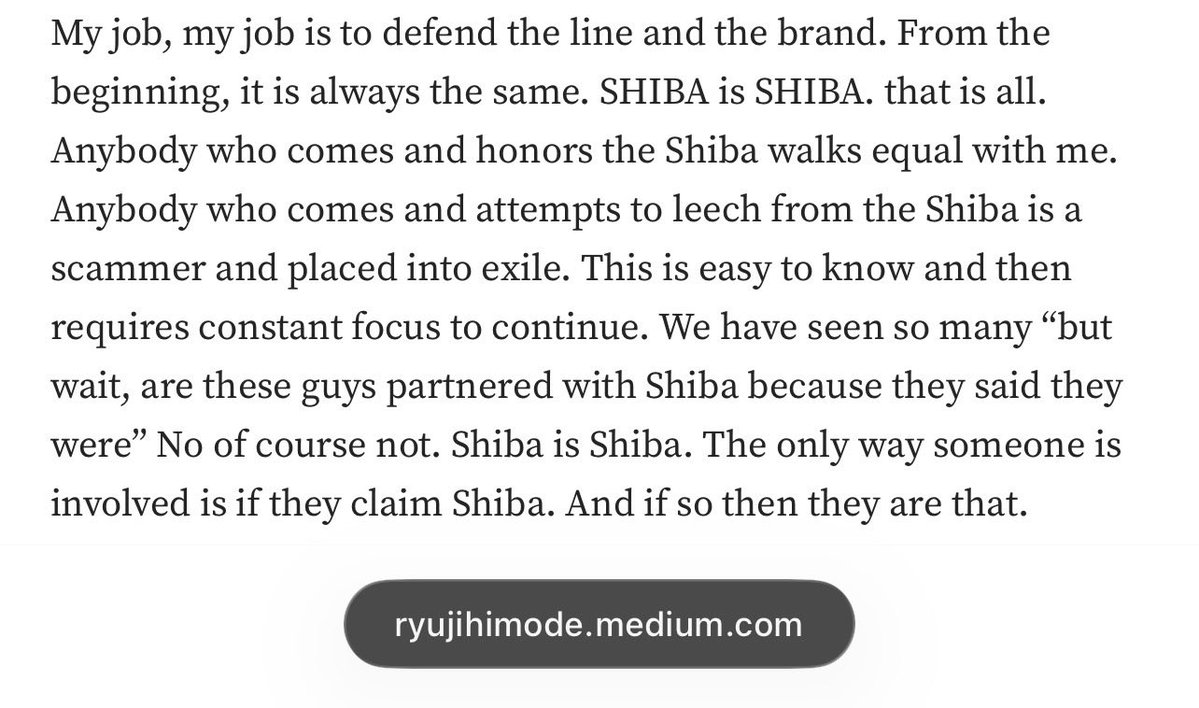 RealBossShib's tweet photo. @369RedFlags @DefiLifeCrypto @Mc556667 @kamiresearch @elonmusk @Support @X @gigawhale6819 Ryoshi -
“Anybody who comes and attempts to leech from the Shiba is a scammer and placed into exile.”
#Shibarium #SHIB #BONE #LEASH #TREAT
https://t.co/ruAg2SCj6h https://t.co/Yk6GsGAEtH