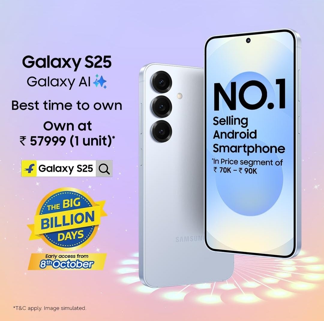 Manishamehes's tweet photo. Samsung Galaxy S25 + 12GB RAM + ₹57,999. ⚡📱
Ye combination normally expect nahi hota.
Flipkart’s Big Billion Days Sale ka one of the biggest deals for sure. 🔥
#GalaxyS25At57999 https://t.co/sDQAiushb3