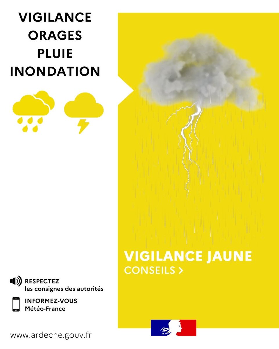 Image de Préfet de l'Ardèche - #VIGILANCE | ⚠️ Météo-France place le département de l’Ardèche en vigilance :
 
🟡⚡ Jaune - Orages, 