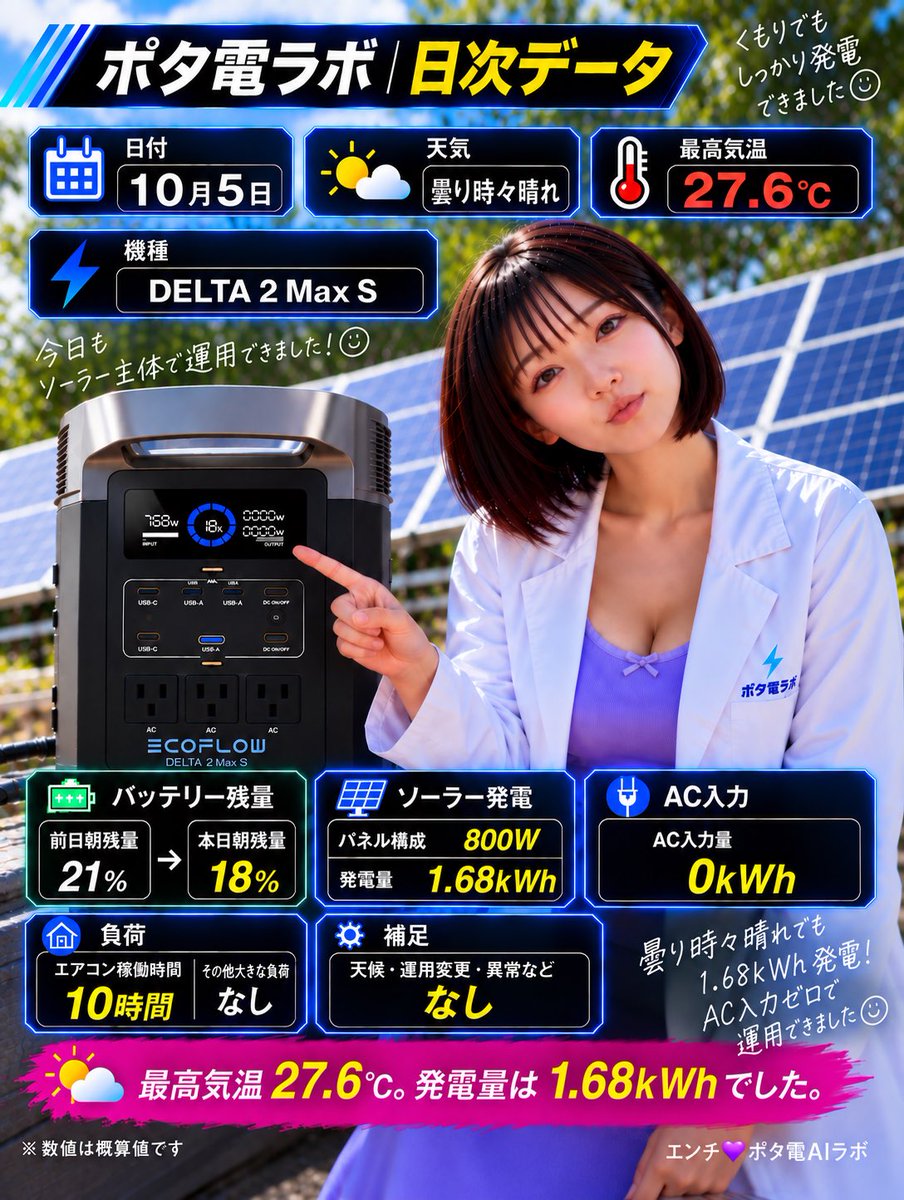 potaden_lab's tweet photo. 【ポタ電ラボ｜10月5日】🔋☀️

⛅ 曇り時々晴れ
🌡 最高気温 27.6℃

🔋 DELTA 2 Max S
☀️ ソーラーパネル 800W
⚡ 発電量 1.68kWh
🔌 AC入力 0kWh
🔋 朝残量 21% → 18%
❄️ エアコン稼働 10時間

✨ AC入力ゼロ、これで3日連続！

今日は曇りがちな天気でも1.68kWh発電☀️

エアコンを10時間稼働させながら、外部からの充電なしで運用できました！

ただし、バッテリー残量は3ポイント減少。

発電量だけでなく、バッテリー残量の変化も大切なデータですね📊

大きな負荷や異常はなし！

明日もコツコツ記録していきます☺️💜

#ポタ電ラボ #EcoFlow #DELTA2MaxS #ポータブル電源 #ソーラー発電