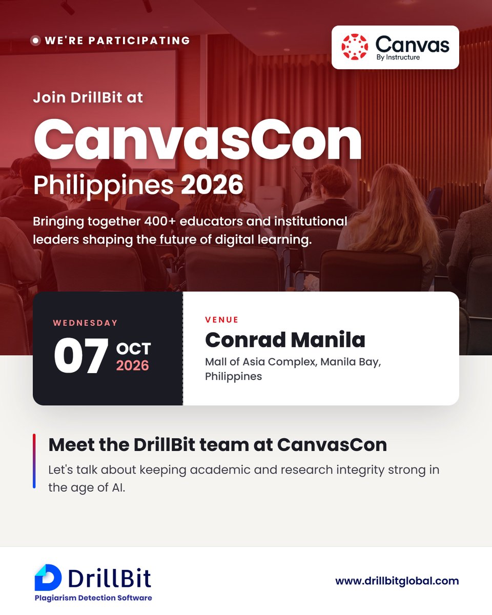 Drillbitglobal's tweet photo. DrillBit is at CanvasConPH 2026! 🎓 Our team will be there to talk about academic integrity in the age of AI.

Our global team look forward to new connections!

📅 7 Oct | 📍 Conrad Manila 
🔗 https://t.co/daz4NpZipf https://t.co/sGxoQ7GMi2