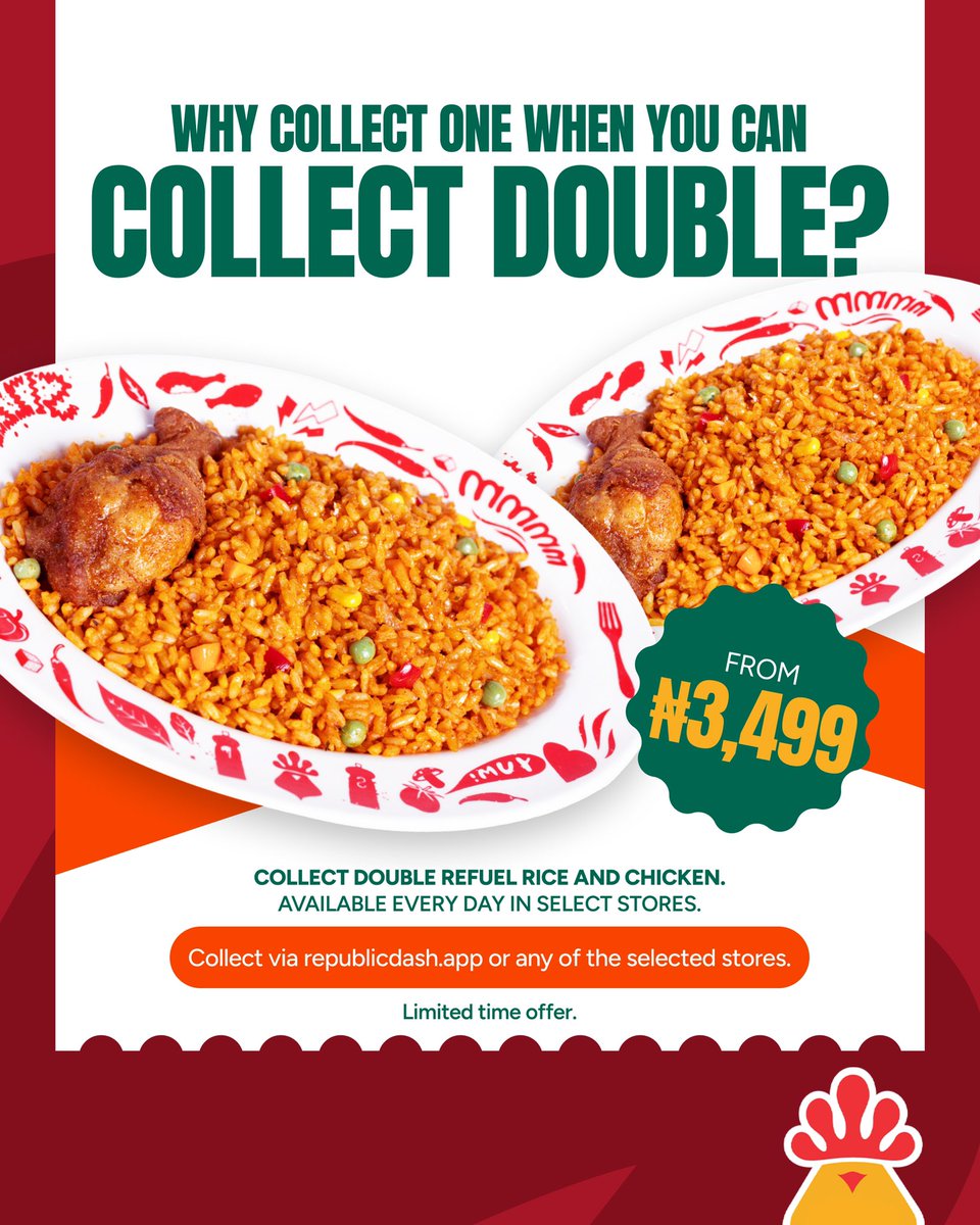 ChickenRepublic's tweet photo. You requested. We delivered. 🥳

12 new Chicken Republic stores are now open for collection. 💃

Swipe to see if one is near you, then pick your collect. 👉🏾

Walk in a nearby select store to collect now. 

#ChickenRepublic #NiceNice #EveryCitizenMustCollect https://t.co/tkkGvsBved