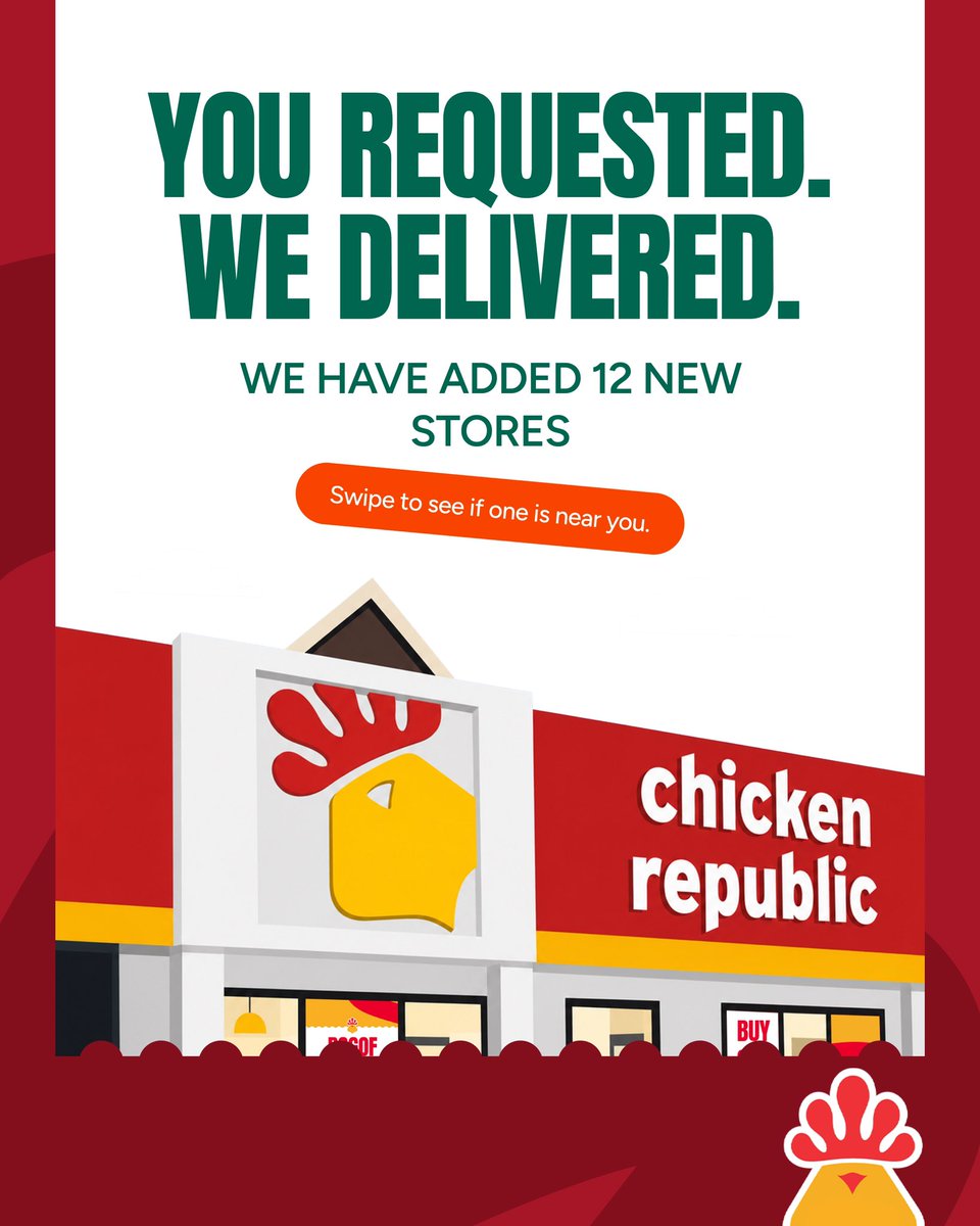 ChickenRepublic's tweet photo. You requested. We delivered. 🥳

12 new Chicken Republic stores are now open for collection. 💃

Swipe to see if one is near you, then pick your collect. 👉🏾

Walk in a nearby select store to collect now. 

#ChickenRepublic #NiceNice #EveryCitizenMustCollect https://t.co/tkkGvsBved